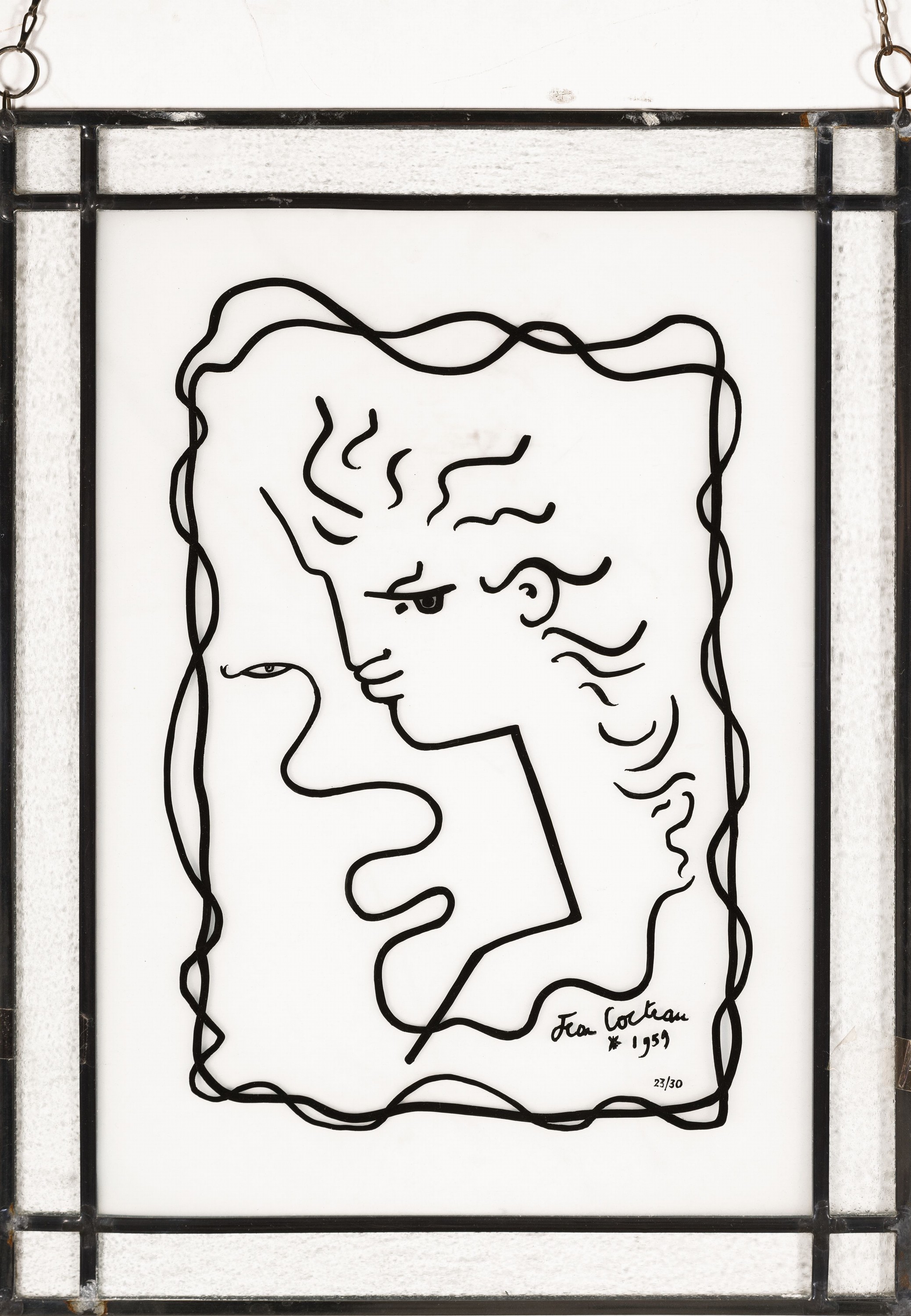 Glasbild nach Jean Cocteau, Gesichter, num. 23/30, Rand in Bleiverglasung,ca. 46x35cm