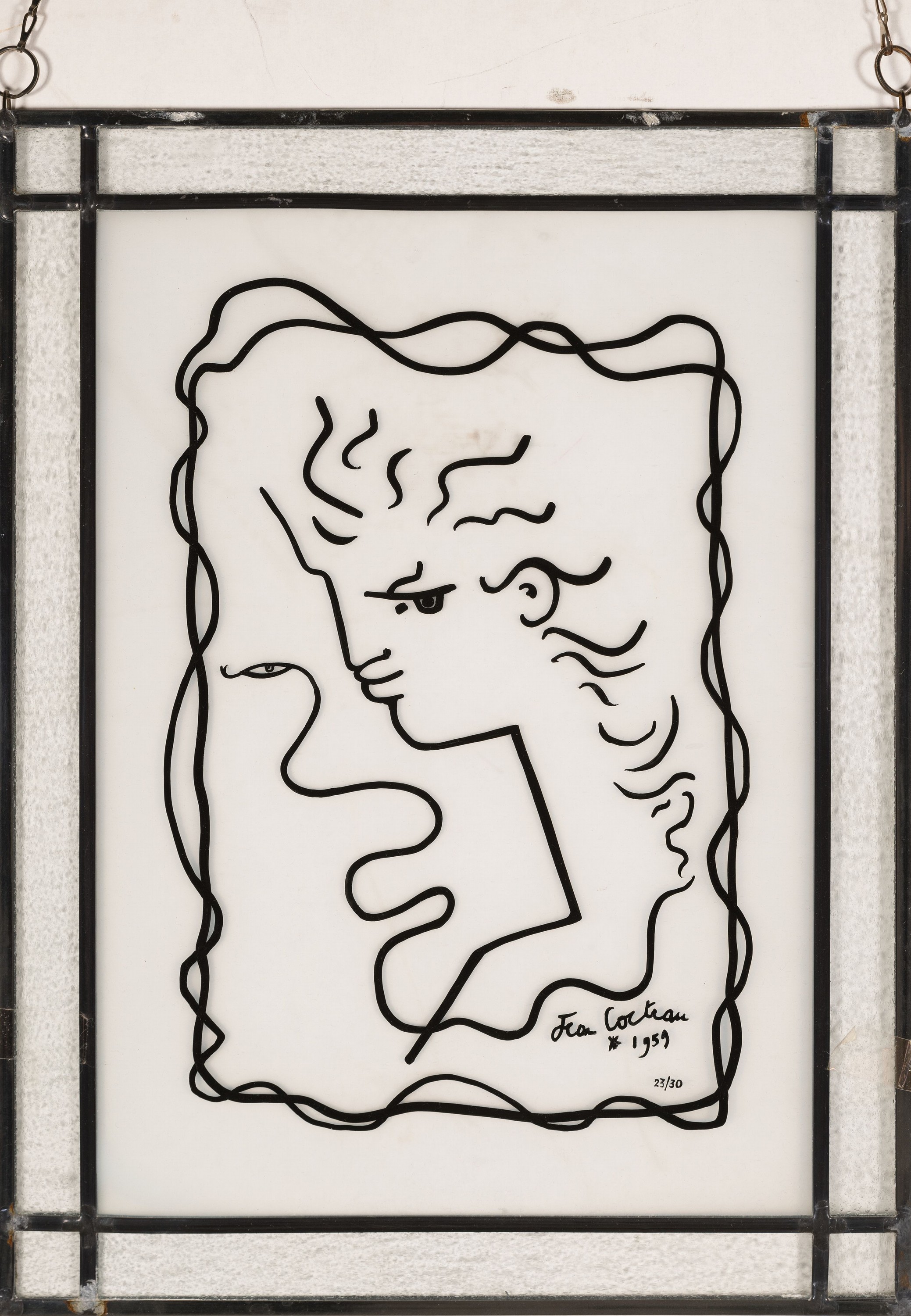 Detail k: Glasbild nach Jean Cocteau, Gesichter, num. 23/30, Rand in Bleiverglasung,ca. 46x35cm