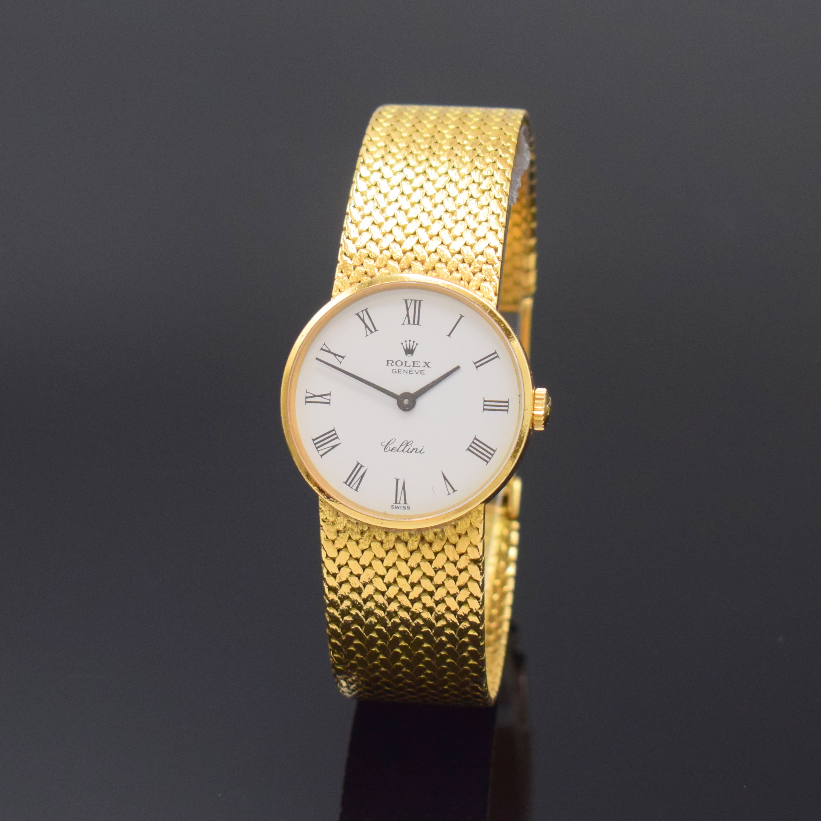 ROLEX Damenarmbanduhr Serie Cellini in GG 750/000 Referenz 3822, Handaufzug, Schweiz um 1969, Milanaiseband, Boden aufgedr., emailfarb. Zifferbl. m. ...