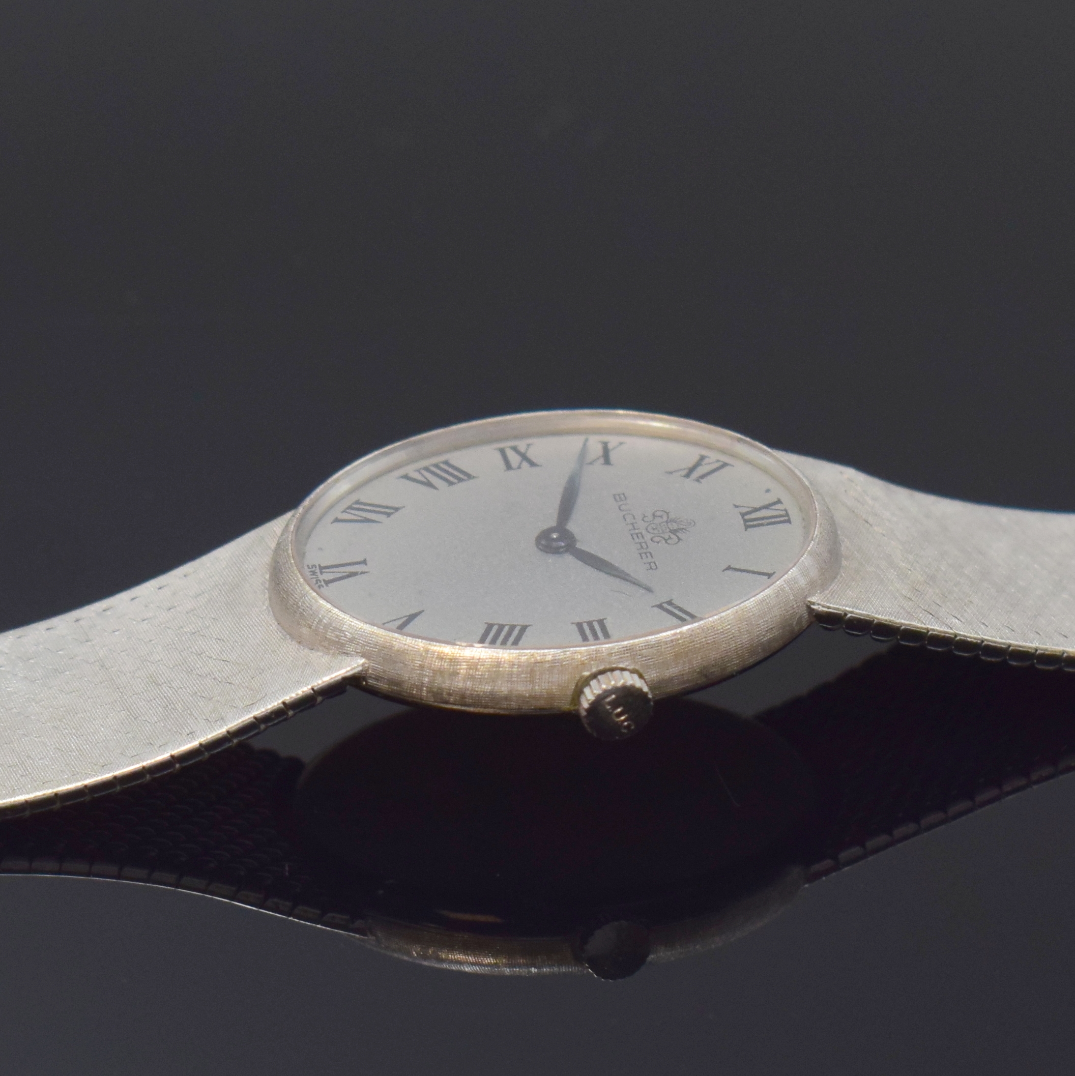 Detail c: BUCHERER / CHOPARD Damenarmbanduhr in WG 750/000 Referenz 5029, Handaufzug, Schweiz um 1970, Boden aufgedr., silb. Strukturzifferbl. m. röm. Std., ...