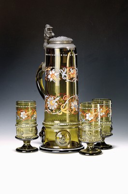 Image Beer can with 6 glasses, German, around 1880- 90, green mouth-blown glass with colorful ...