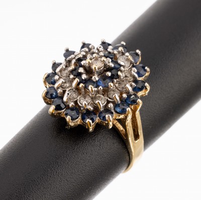 Image 14 kt Gold Saphir Diamant Ring, GG 585/000 (gepr.), in mehreren Ebenen aufgebaut, 25 ...