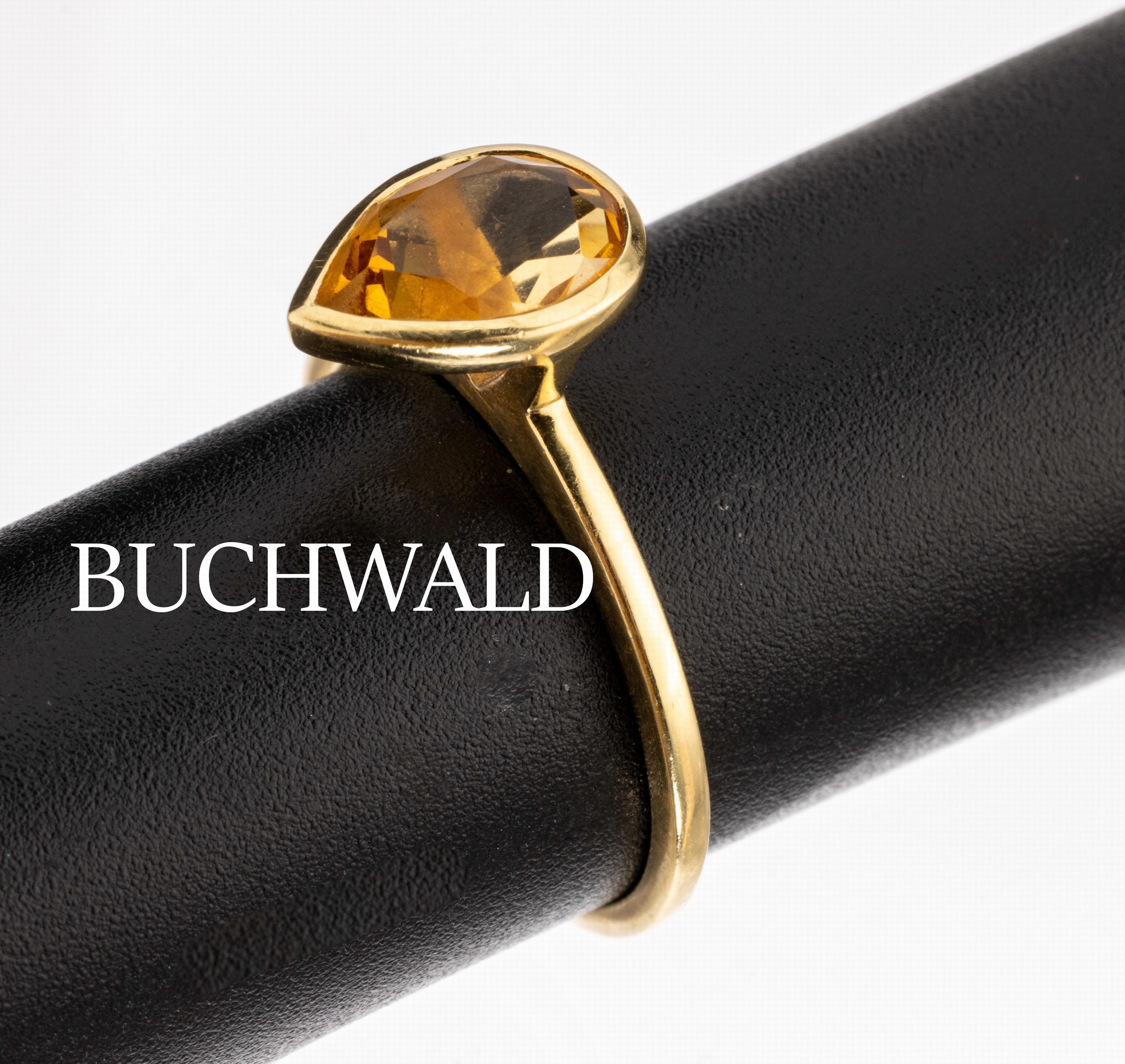 18 kt Gold Citrin-Ring, GG 750/000, tropfenf. facett. Citrin ca. 1.10 ct, RW 56, ca. 2.9 g, Hersteller BUCHWALD
