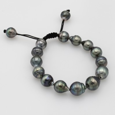 Image Shamballa-Armband mit Tahitizuchtperlen, schwarzes Stoffband, barocke, grau-grüne ...