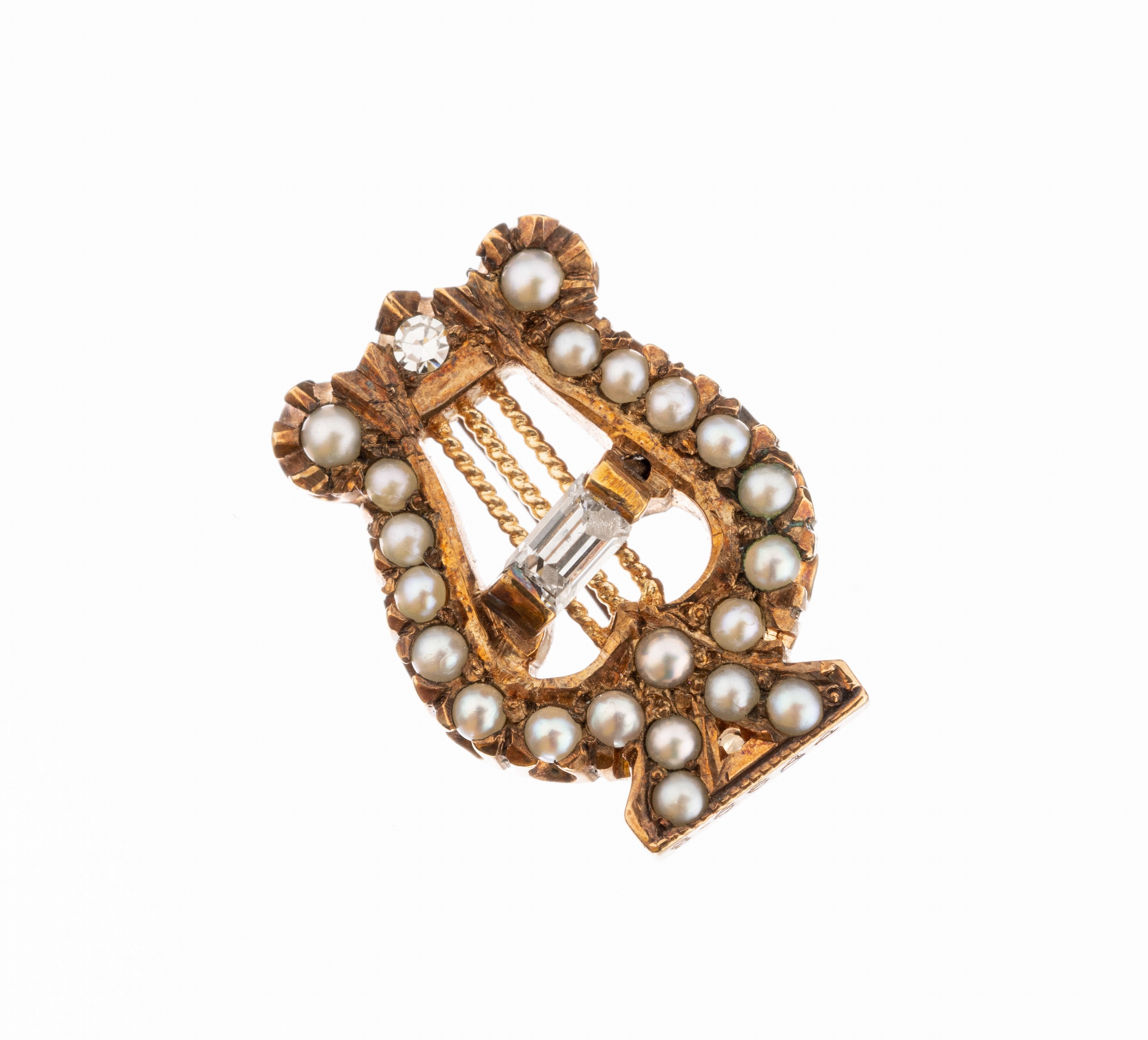 10 kt Gold Diamant-Perl-Brosche "Lyra", GG 417/000, wohl England um 1900, feine Arbeit mit Flussperlen, 1 kl. 8/8-Diamant und 1 ...