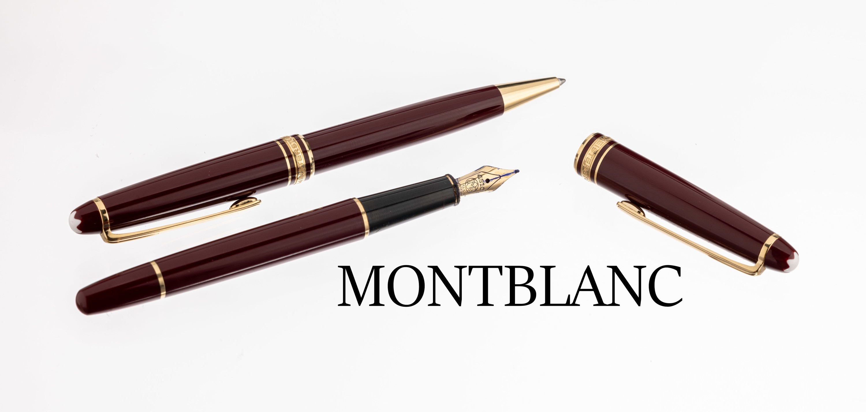 MONTBLANC Meisterstück Schreibset, best. aus: 1 Kugelschreiber und 1 Füller, Korpus undKappe dunkelroter Edelharz, Monturen Metall verg., Feder GG ...