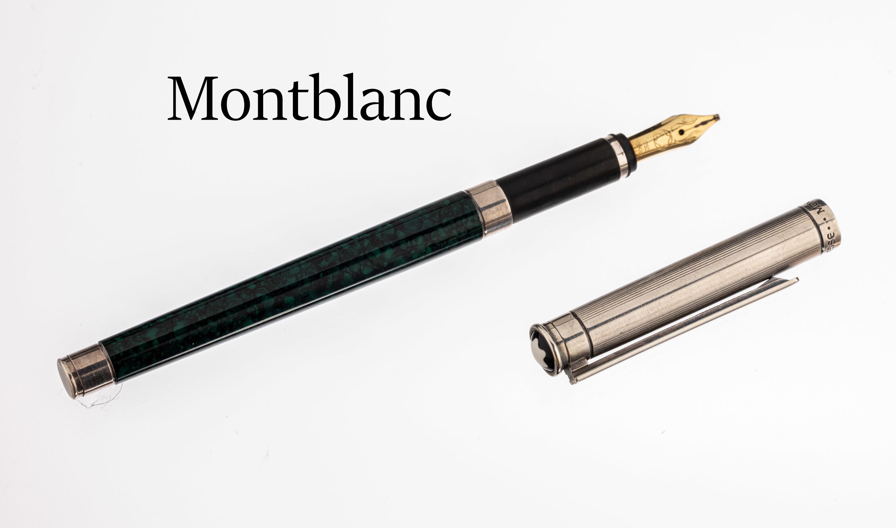 MONTBLANC Füller, Serie Noblesse, Monturen Metall vers., Korpus Edelharz in Malachitoptik, Feder 14 kt GG, dazu 2 Packungen orig. Patronen