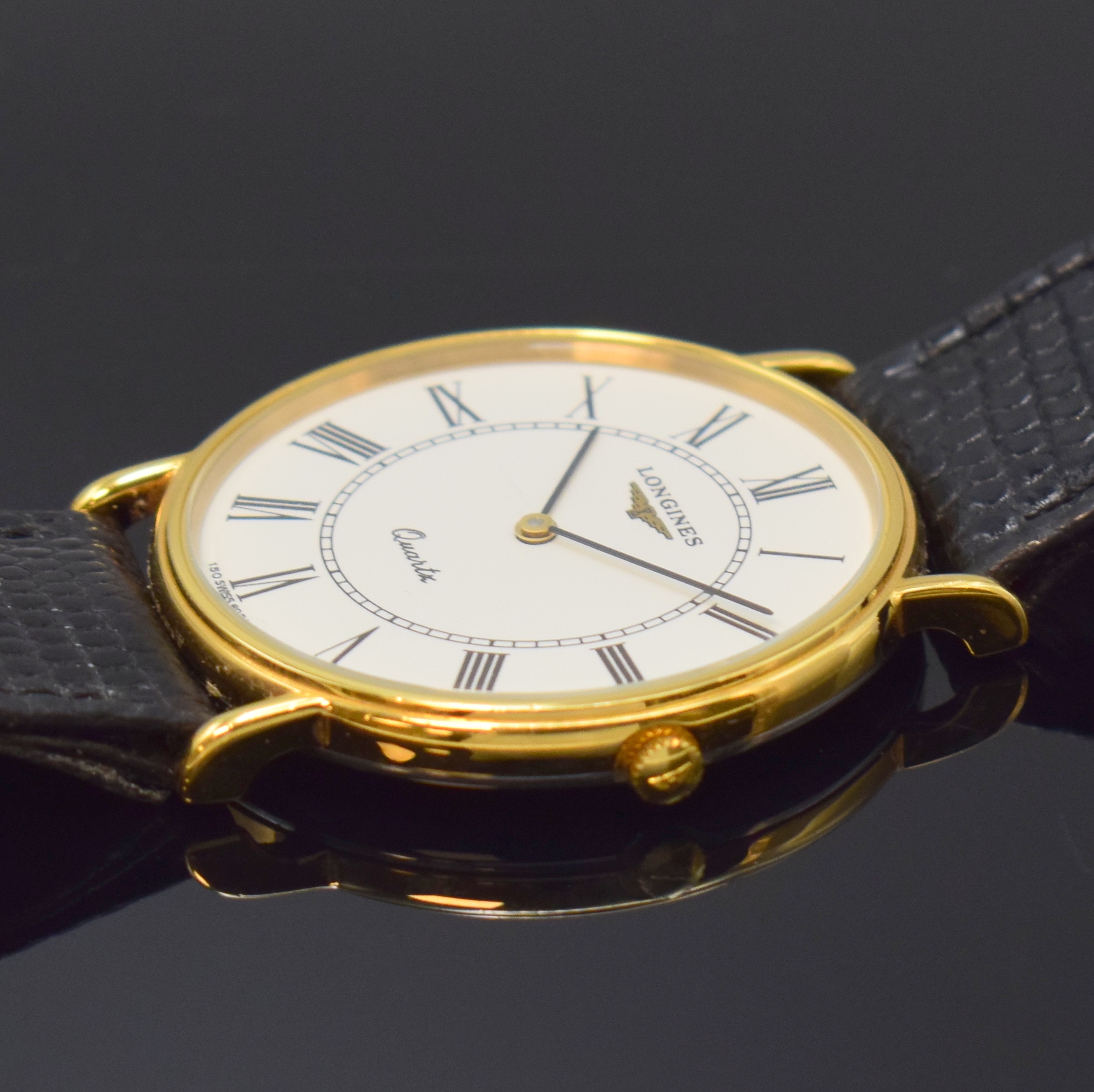 Detail c: LONGINES Armbanduhr Presence Referenz 6951 6 150, quarz, Schweiz um 2000, verg. Geh., Edelstahlboden aufgedr., emailfarb. Zifferbl. m. röm. Std., ...