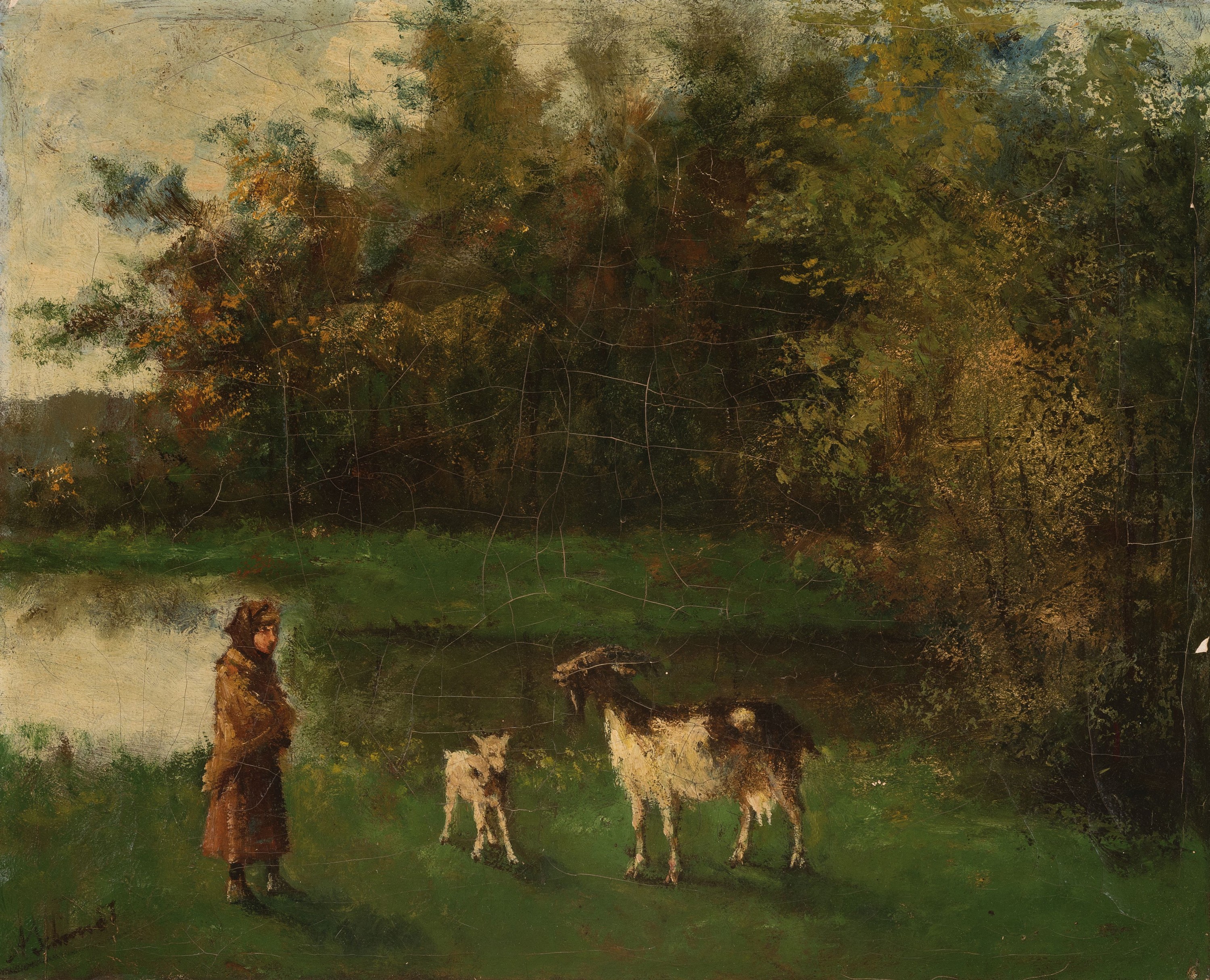 Friedrich Albert Schmidt, 1846 Sundhouse/Frankreich-1916 Weimar, Hirtin mit Ziegen, Öl/Lwd, impressionistische Malweise, krakeliert, l. ...