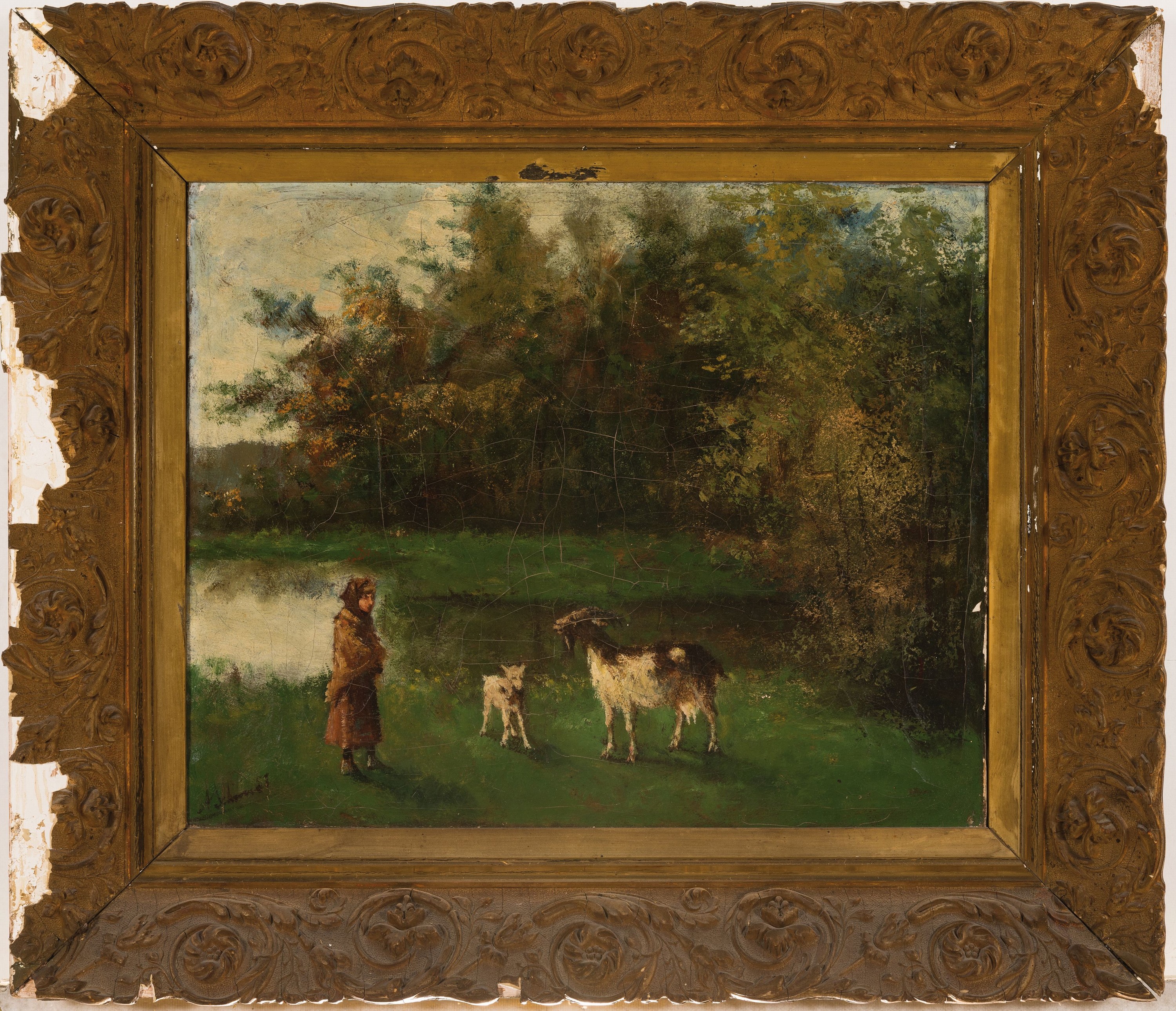 Detail k: Friedrich Albert Schmidt, 1846 Sundhouse/Frankreich-1916 Weimar, Hirtin mit Ziegen, Öl/Lwd, impressionistische Malweise, krakeliert, l. ...