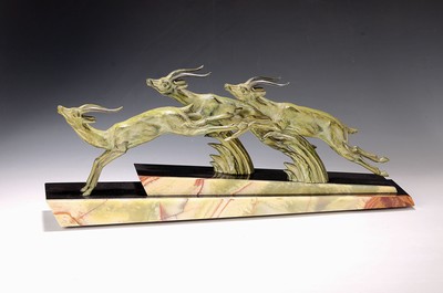 Image Art Deco sculpture, France, 1920s, jumping antelopes, patinated, cast metal, marble ...