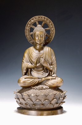 Image Buddha, Burma, 20/30s, sitting Buddha on a double lotus base, fine casting, bronze, ...