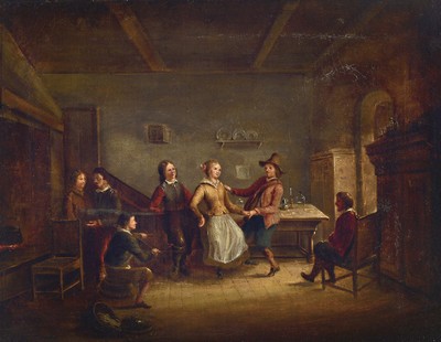 Image Dutch traditionalist, 19th century, genre, tavern scene with dancing trio, unsigned, ...