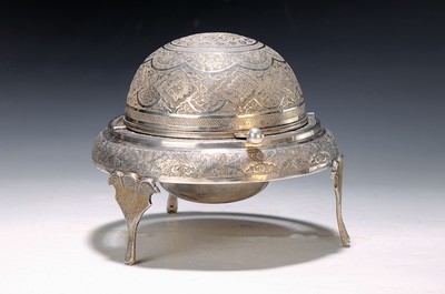 Image Silver caviar bowl, probably Persia, 20th century, Silver tested, all around elaborate ...