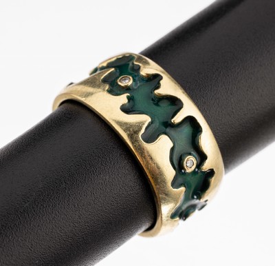 Image 14 kt gold diamond enamel ring, YG 585/000,partly green enameled, with small diamonds, ...