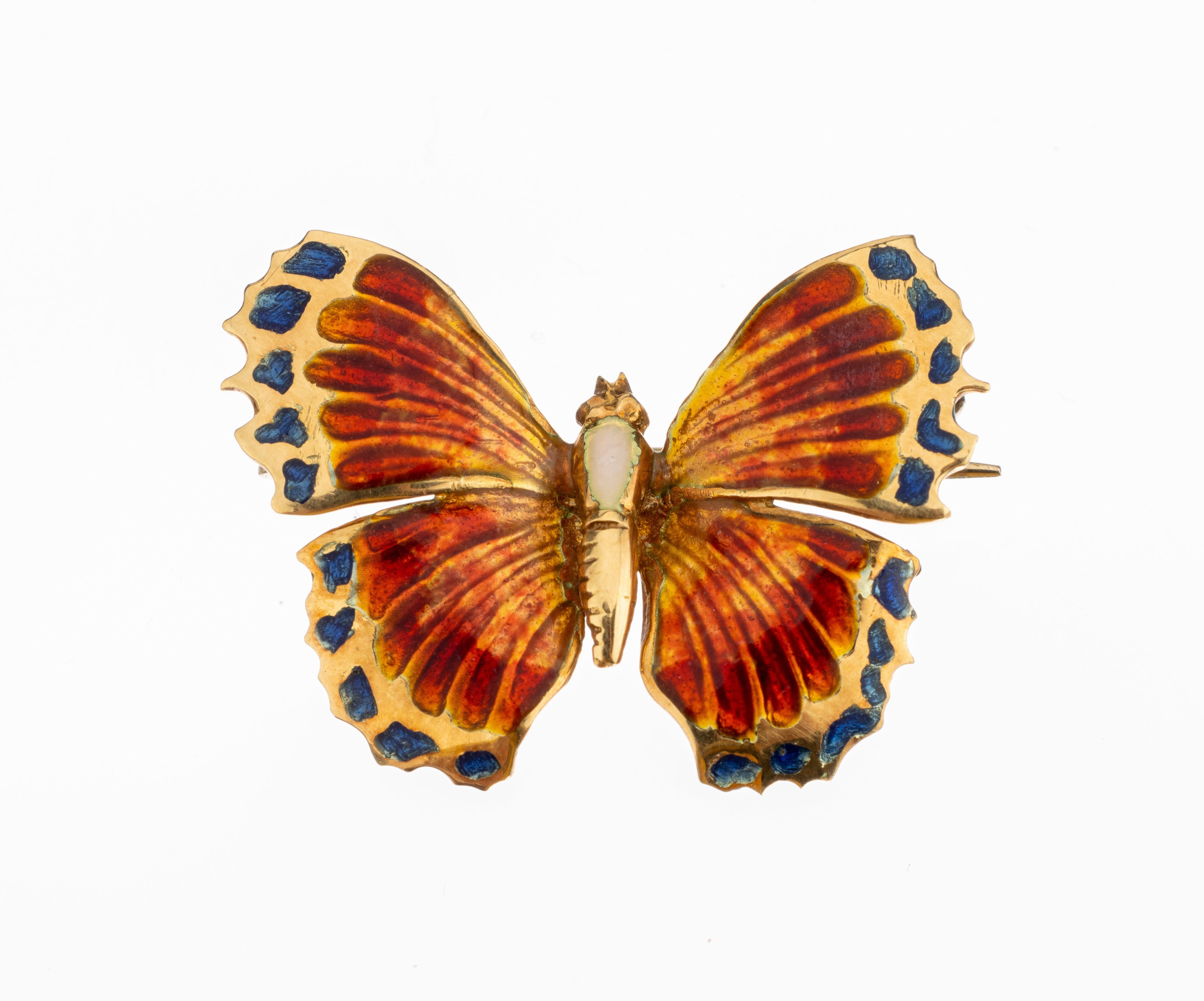 18 kt Gold Email Schmetterlingsbrosche, GG 750/000, Flügel mit Email in Gelb, Rot und Blau, Körper weiss emaill., L. ca. 2 cm, ca. 5.1 g