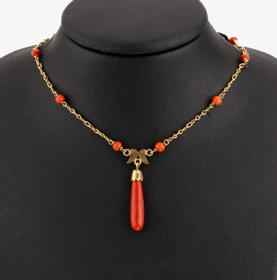 Image 18 kt gold coral necklace YG 750/000 (tested), intermediates coral spheres,coral pear ...