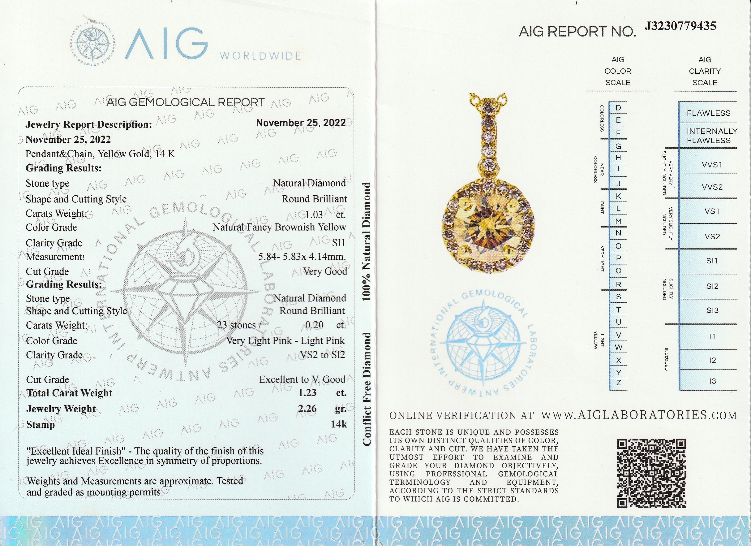 Detail a: 14 kt Gold Brillant-Anhänger, GG 585/000, Brillant ca. 1.03 ct natural fancy brownish Yellow/si1, umgeben von 17 Brillanten zus. ca. 0.20 ct ...