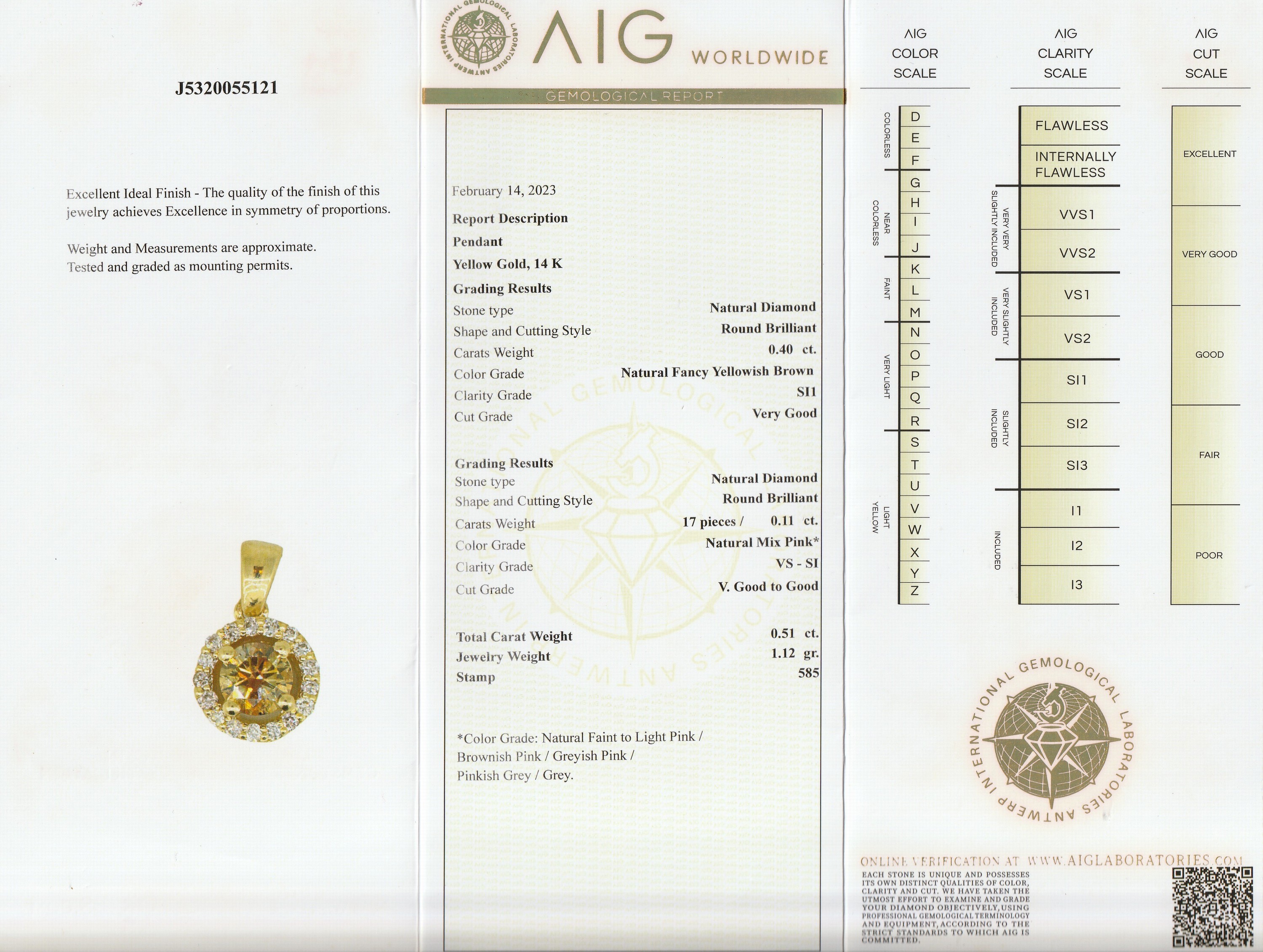 Detail a: 14 kt Gold Brillant-Anhänger, GG 585/000, mittig ein Brillant ca. 0.40 ct natural fancy yellowish Brown/si1, umgeben von 17 Brillantenzus. ca. 0.11 ...