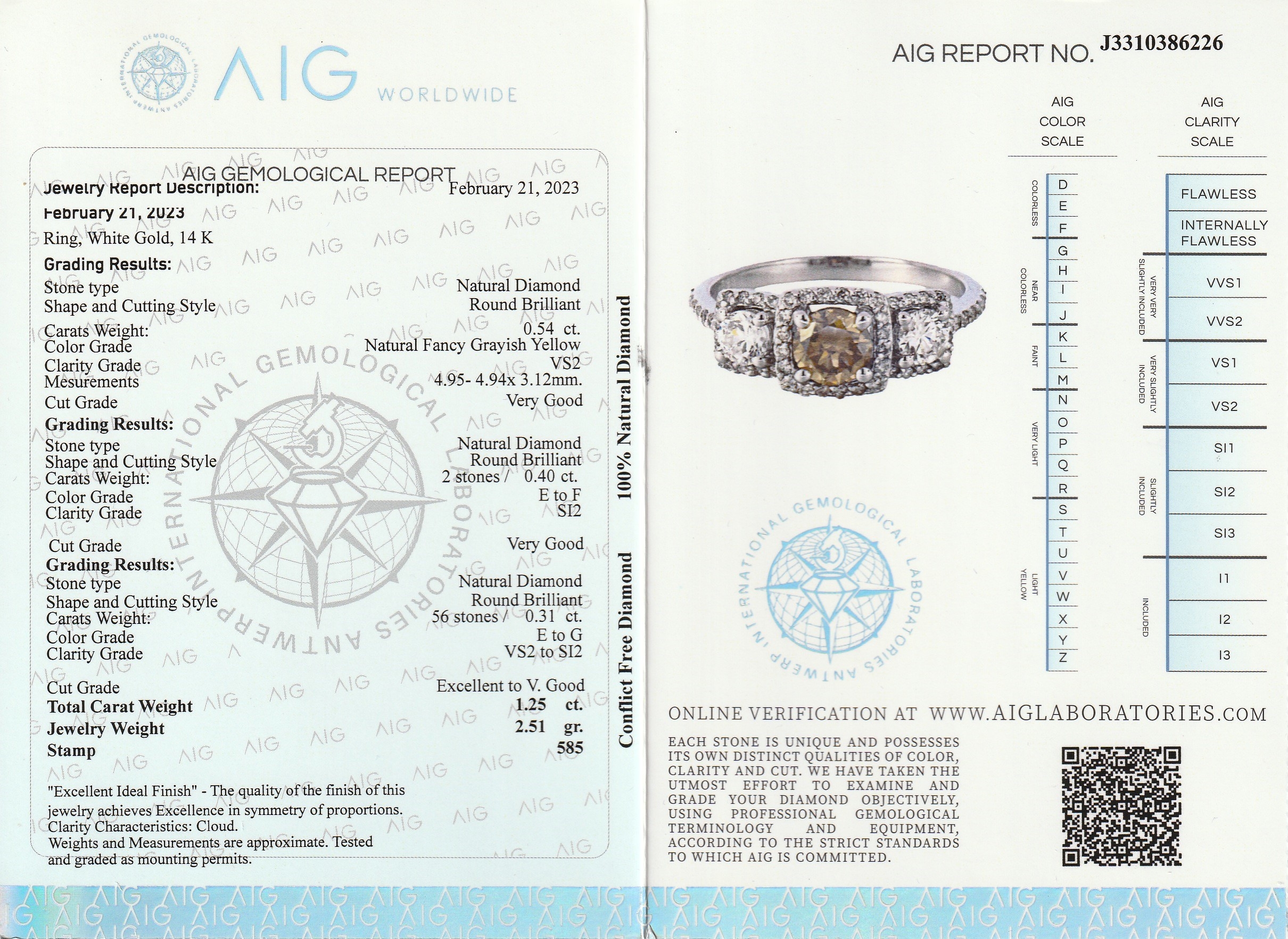 Detail a: 14 kt Gold Brillant-Ring, WG 585/000, mittig ein Brillant ca. 0.54 ct natural fancy grayish Yellow/vs2, 2 weitere Brillanten zus. ca. 0.40 ct feines ...