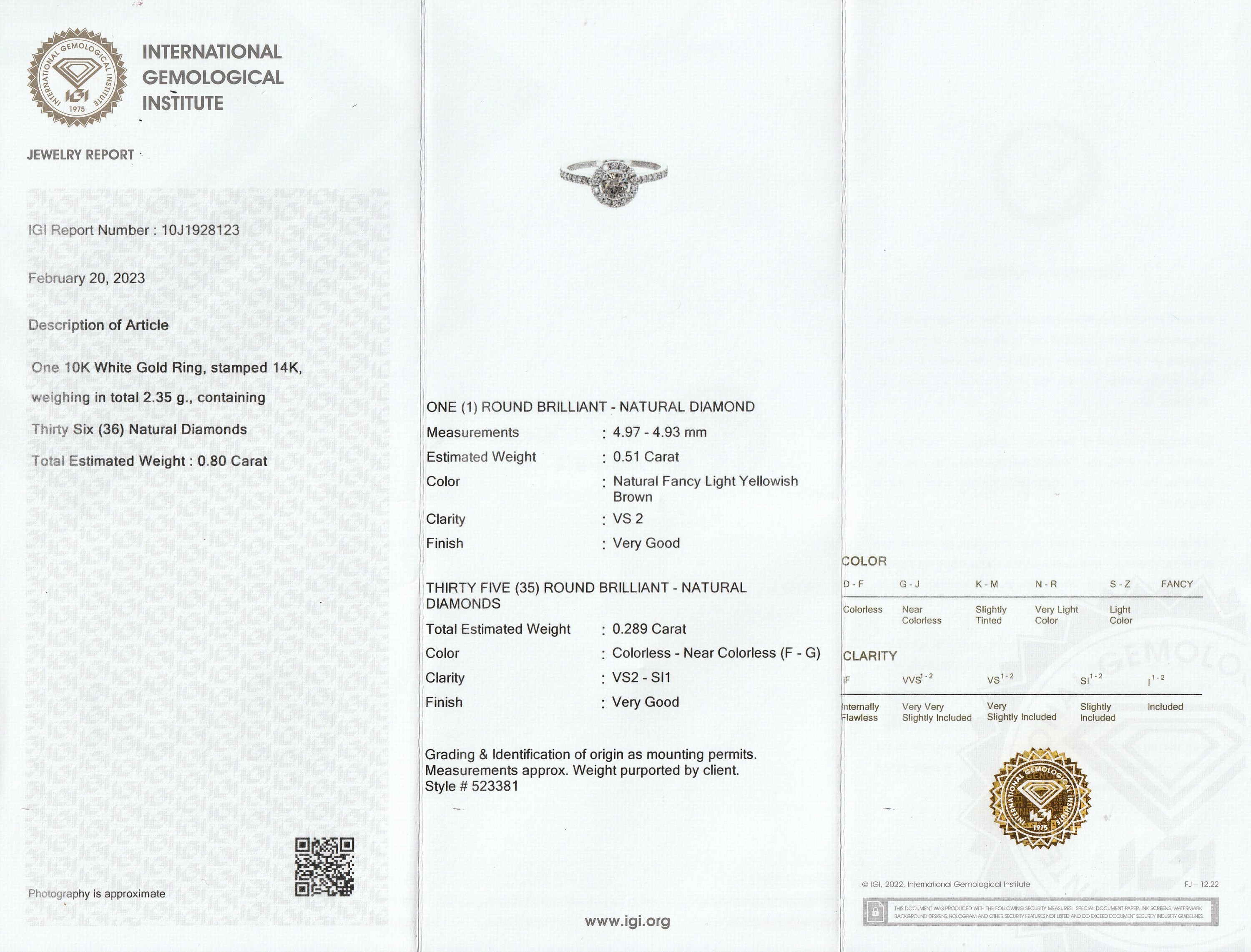 Detail a: 14 kt Gold Brillant-Ring, WG 585/000, ein Brillant ca. 0.51 ct natural fancy light Yellow/vs2, umgeben von weiteren Brillanten zus. ca. 0.28 ct ...