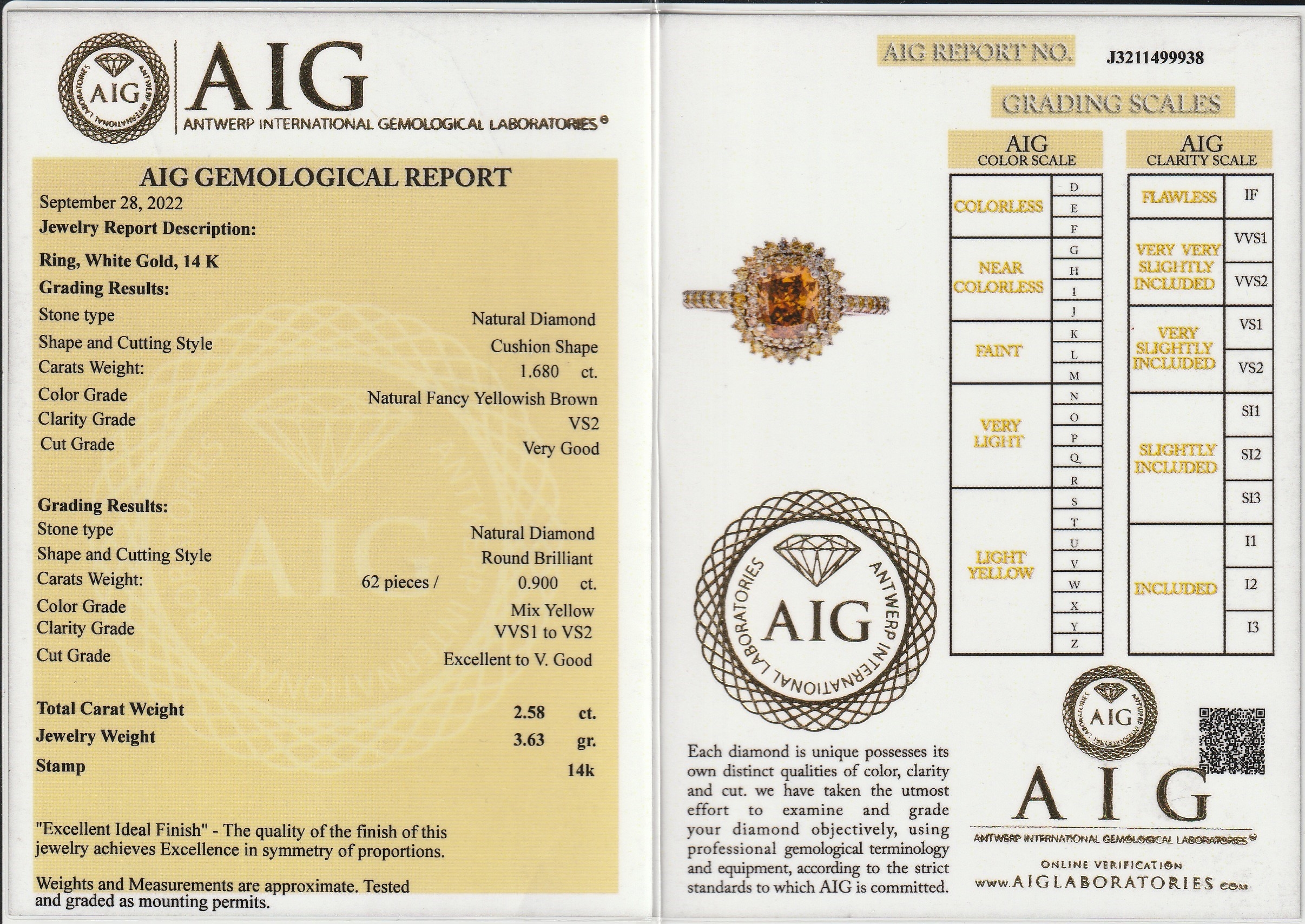 Detail a: 14 kt Gold Diamant-Ring, WG 585/000, mittigDiamant im Cushion-Cut ca. 1.68 ct natural fancy yellowish Brown, umgeben von 62 Brillanten zus. ca. 0.90 ...