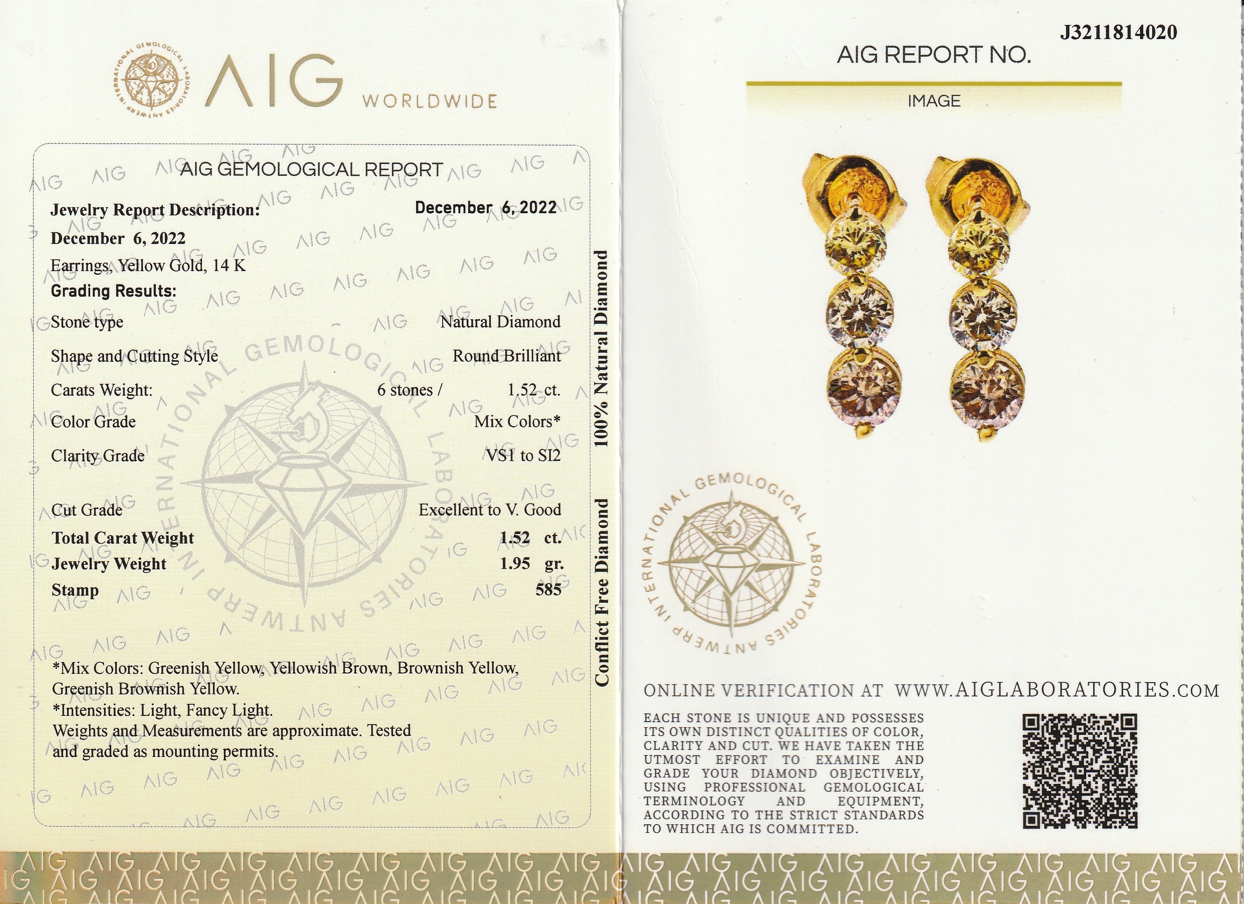 Detail a: Paar 14 kt Gold Brillant-Ohrstecker, GG 585/000, jeweils 6 Brillanten zus. ca. 1.52 ctversch. farbig/p, L. ca. 1 cm, ca. 1.9 g, mit AIG-Expertise