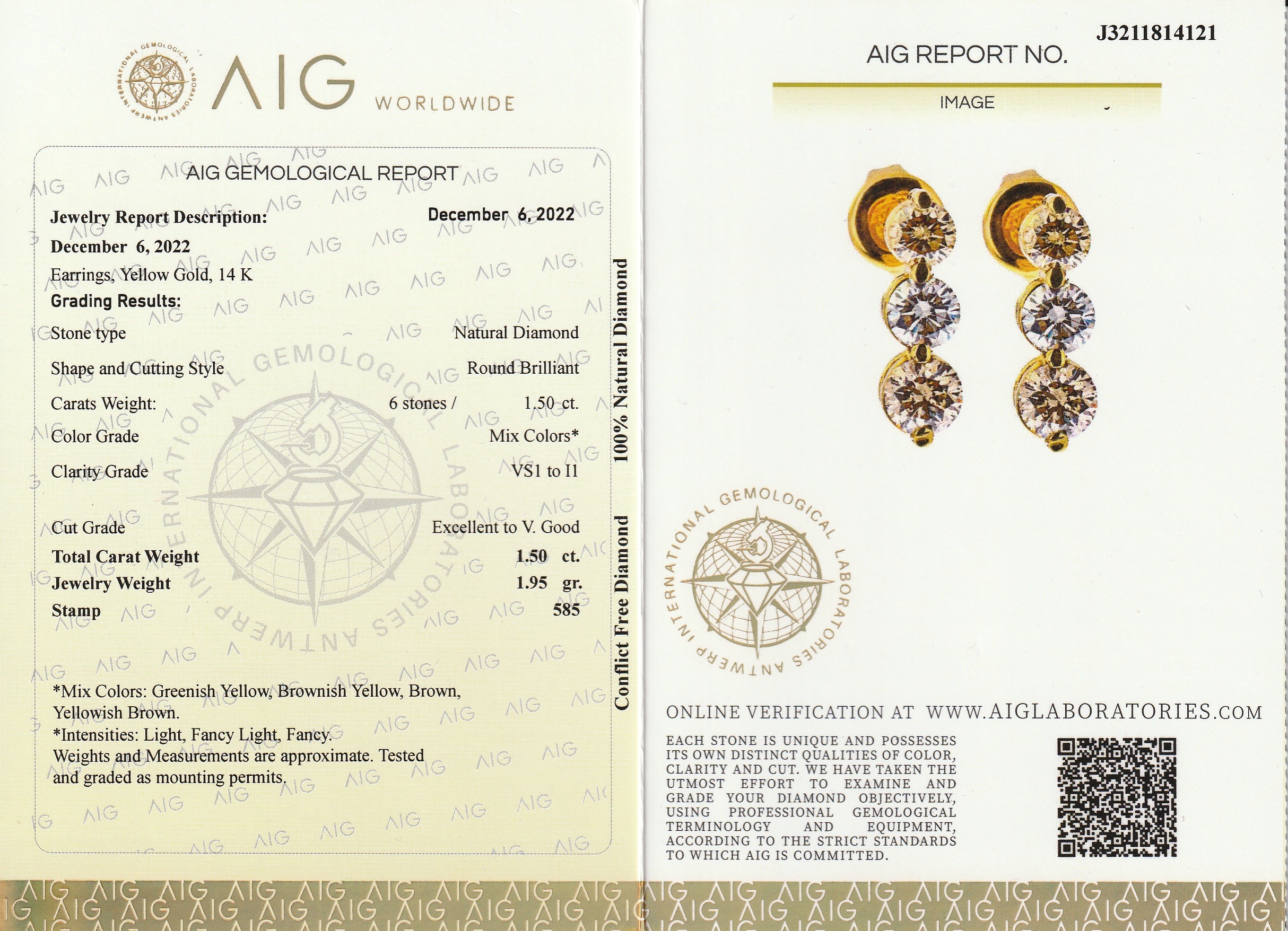 Detail a: Paar 14 kt Gold Brillant-Ohrstecker, GG 585/000, jeweils 3 Brillanten zus. ca. 1.50 ctversch. farbig/si-p1, L. ca. 1 cm, ca. 1.9 g, mit AIG-Expertise