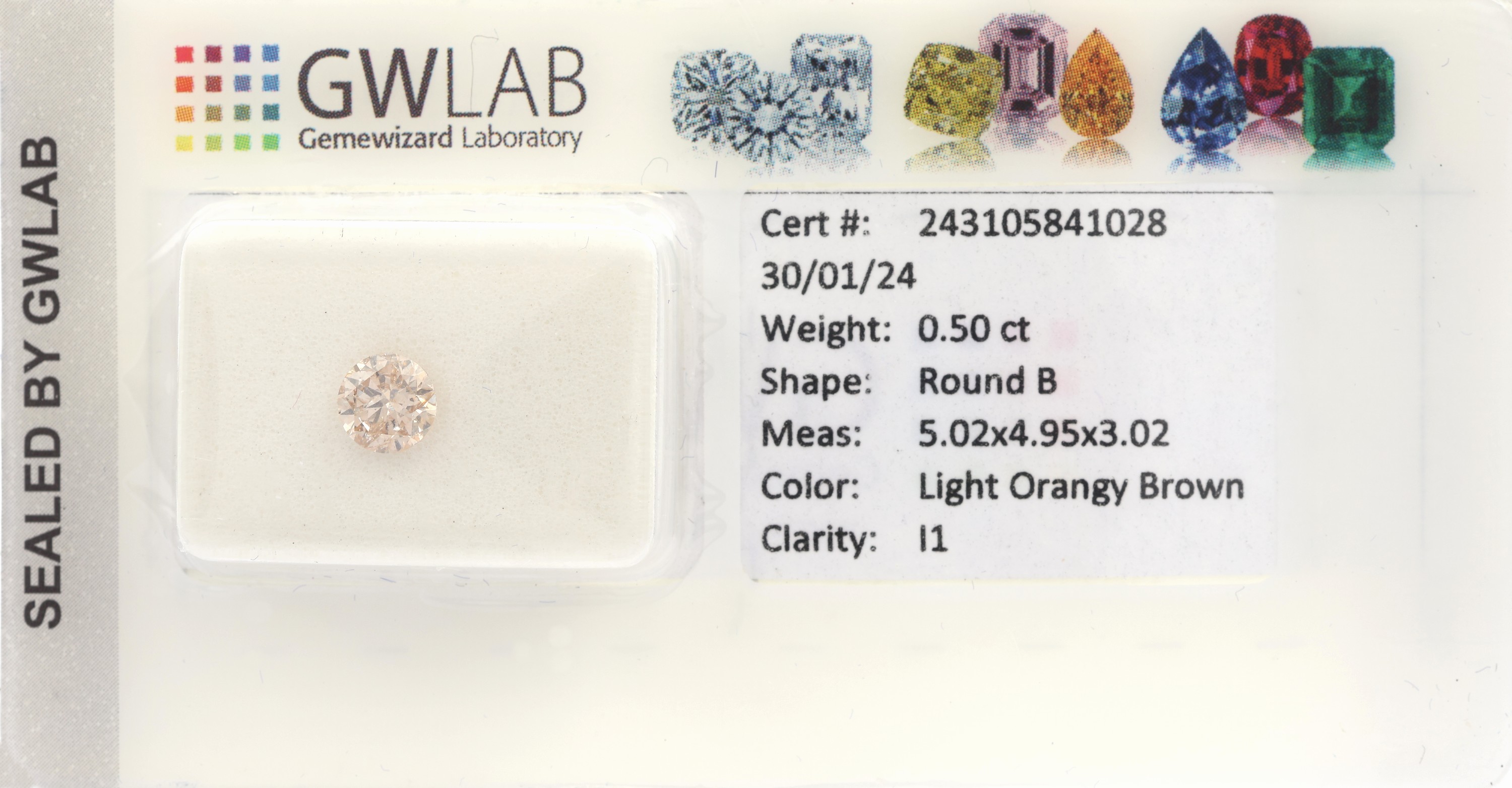Loser Brillant ca. 0.50 ct, light orangy Brown/p1, ca. 5.02 x 4.95 x 3.02 mm, verschweißt, mit GW LAB Report 01/2024