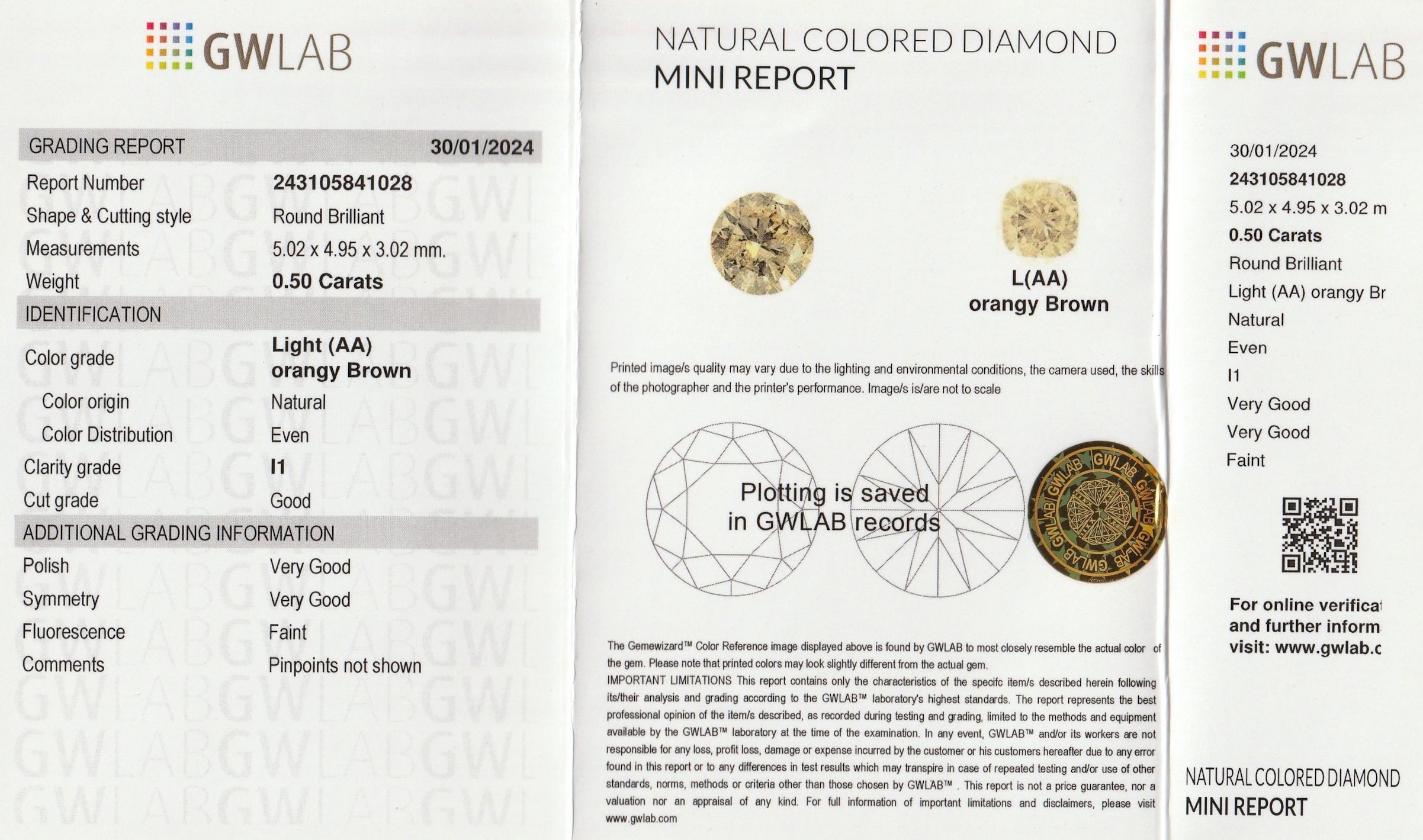 Detail a: Loser Brillant ca. 0.50 ct, light orangy Brown/p1, ca. 5.02 x 4.95 x 3.02 mm, verschweißt, mit GW LAB Report 01/2024