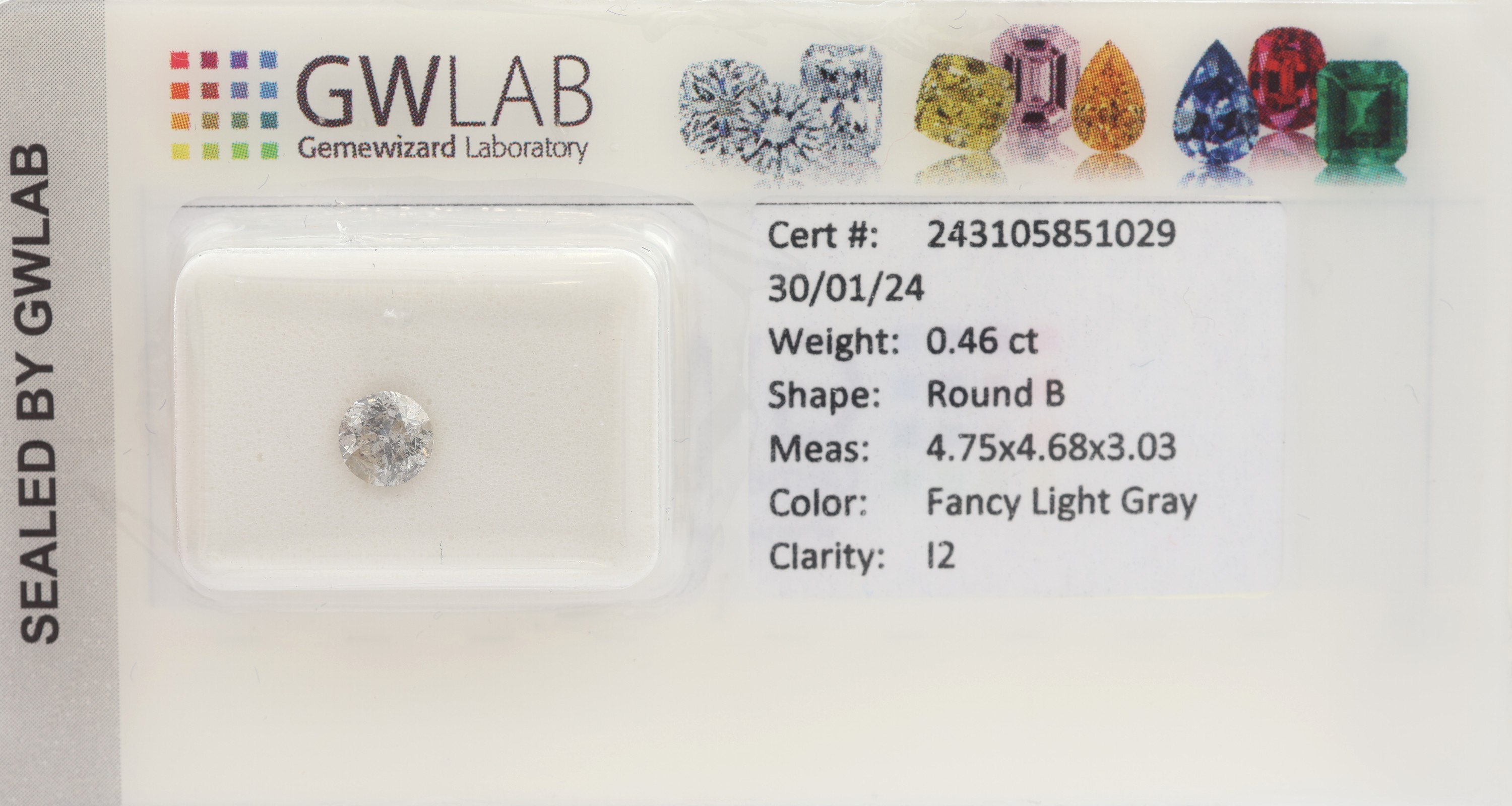 Loser Brillant ca. 0.46 ct, fancy light Gray/p2, ca. 4.75 x 4.68 x 3.03 mm, verschweißt, mit GW LAB Report 01/2024
