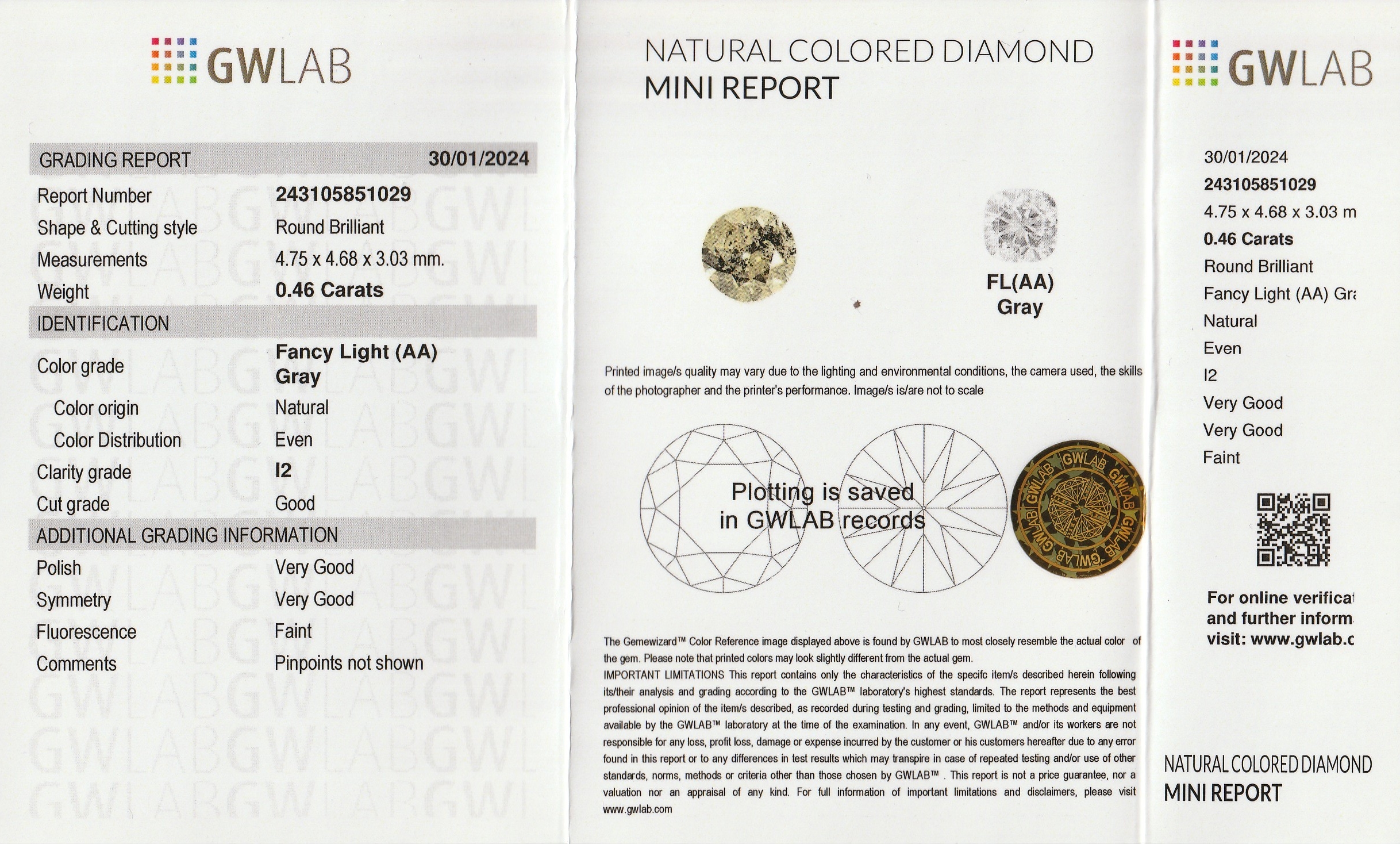 Detail a: Loser Brillant ca. 0.46 ct, fancy light Gray/p2, ca. 4.75 x 4.68 x 3.03 mm, verschweißt, mit GW LAB Report 01/2024