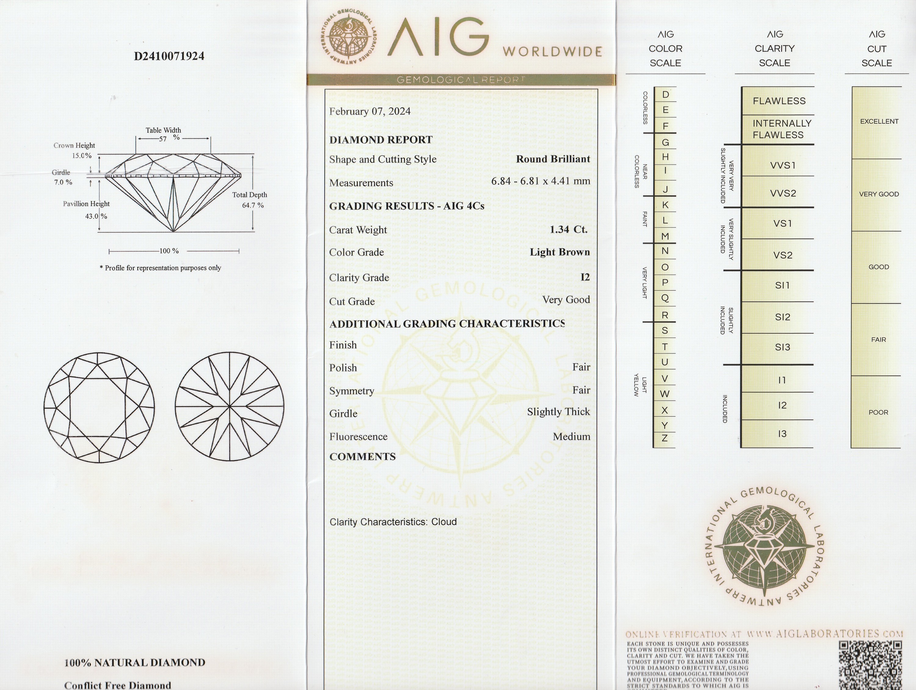 Detail a: Loser Brillant ca. 1.34 ct, light Brown/p2,ca. 6.84 x 6.81 x 4.41 mm, verschweißt, mit AIG-Expertise