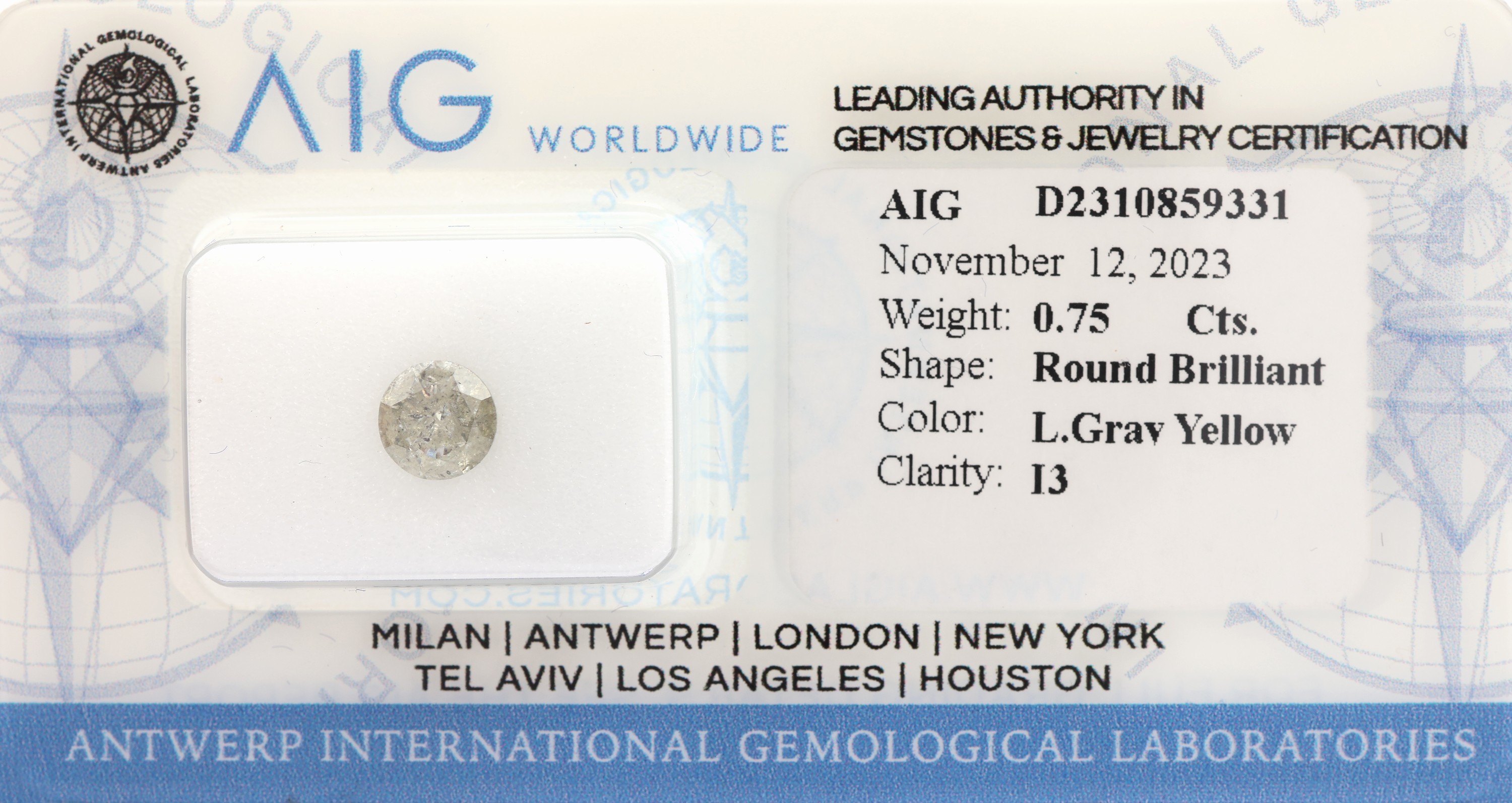Loser Brillant ca. 0.75 ct, light Gray Yellow/p3, ca. 5.61 x 5.57 x 3.56 mm, verschweißt, mit AIG-Expertise