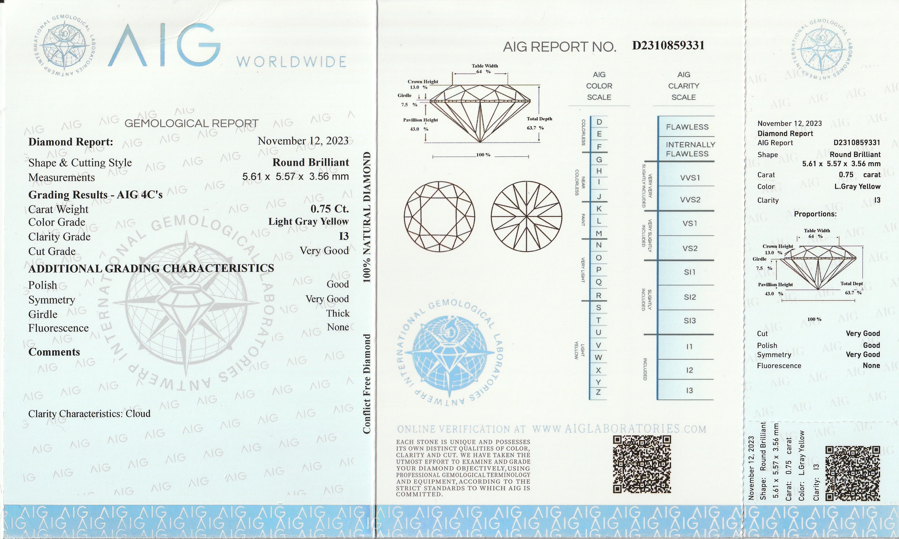 Detail a: Loser Brillant ca. 0.75 ct, light Gray Yellow/p3, ca. 5.61 x 5.57 x 3.56 mm, verschweißt, mit AIG-Expertise