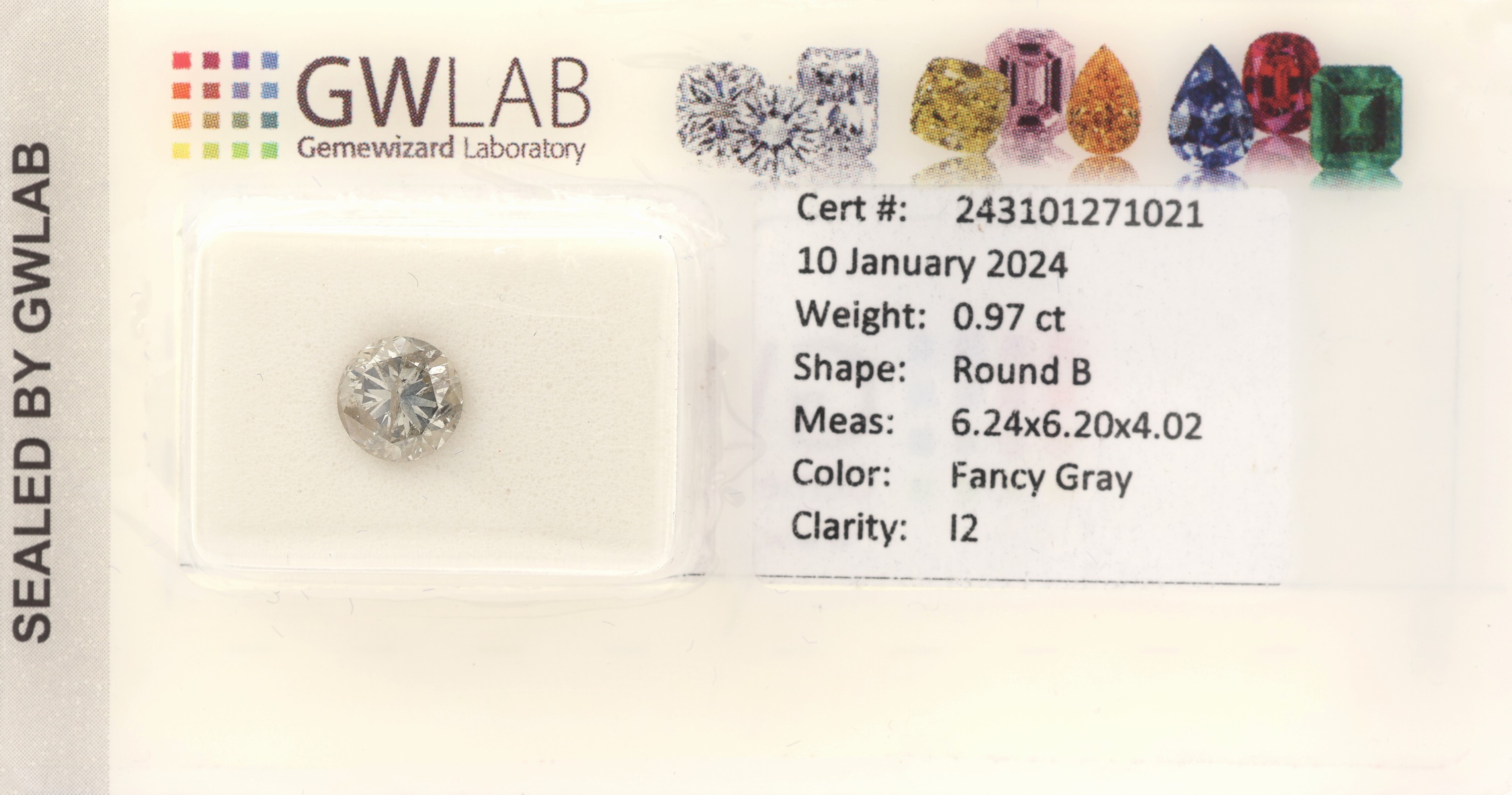 Loser Brillant ca. 0.97 ct, fancy Gray/p2, ca. 6.24 x 6.20 x 4.02 mm, verschweißt, mit GW LAB Report 01/2024