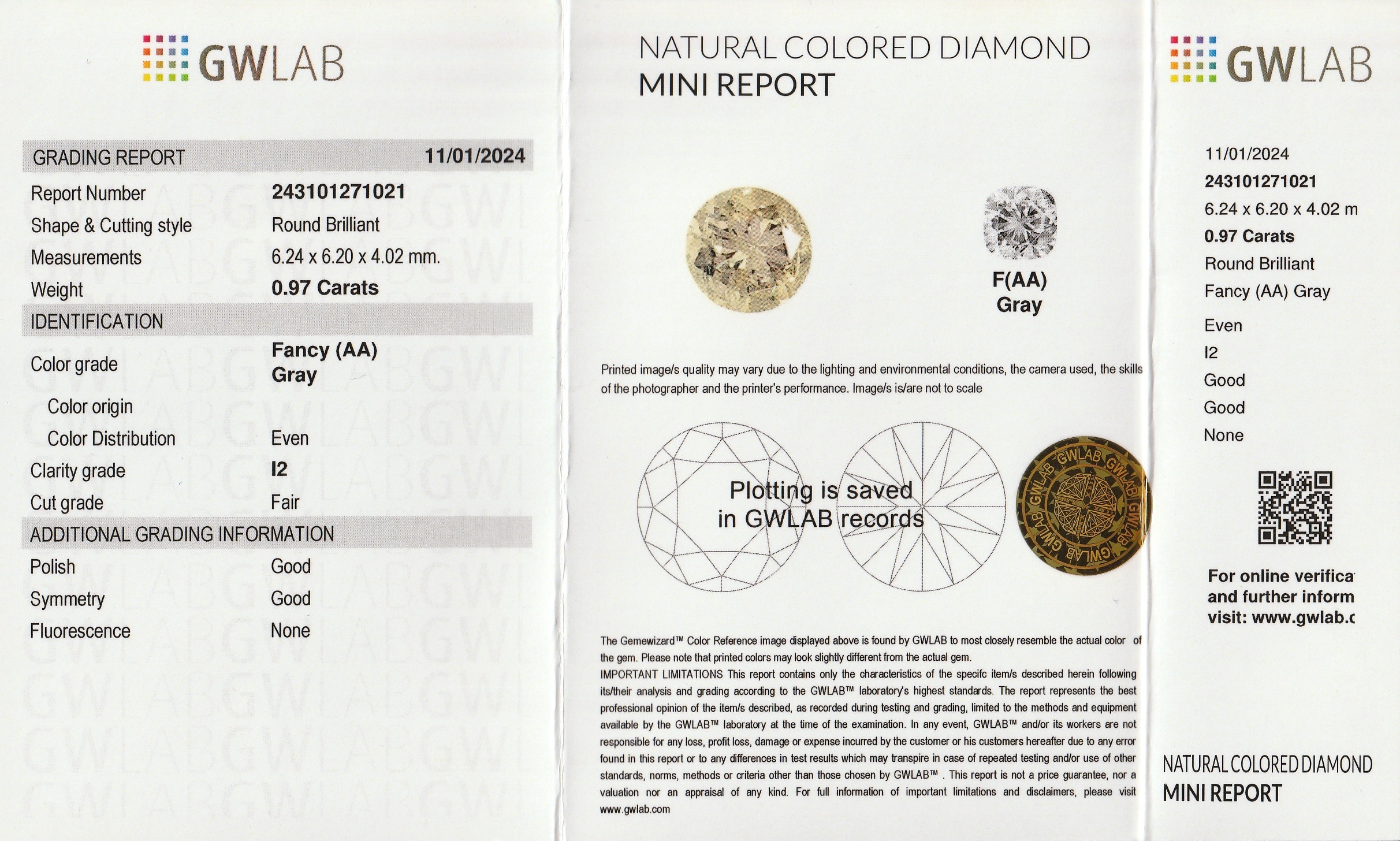 Detail a: Loser Brillant ca. 0.97 ct, fancy Gray/p2, ca. 6.24 x 6.20 x 4.02 mm, verschweißt, mit GW LAB Report 01/2024