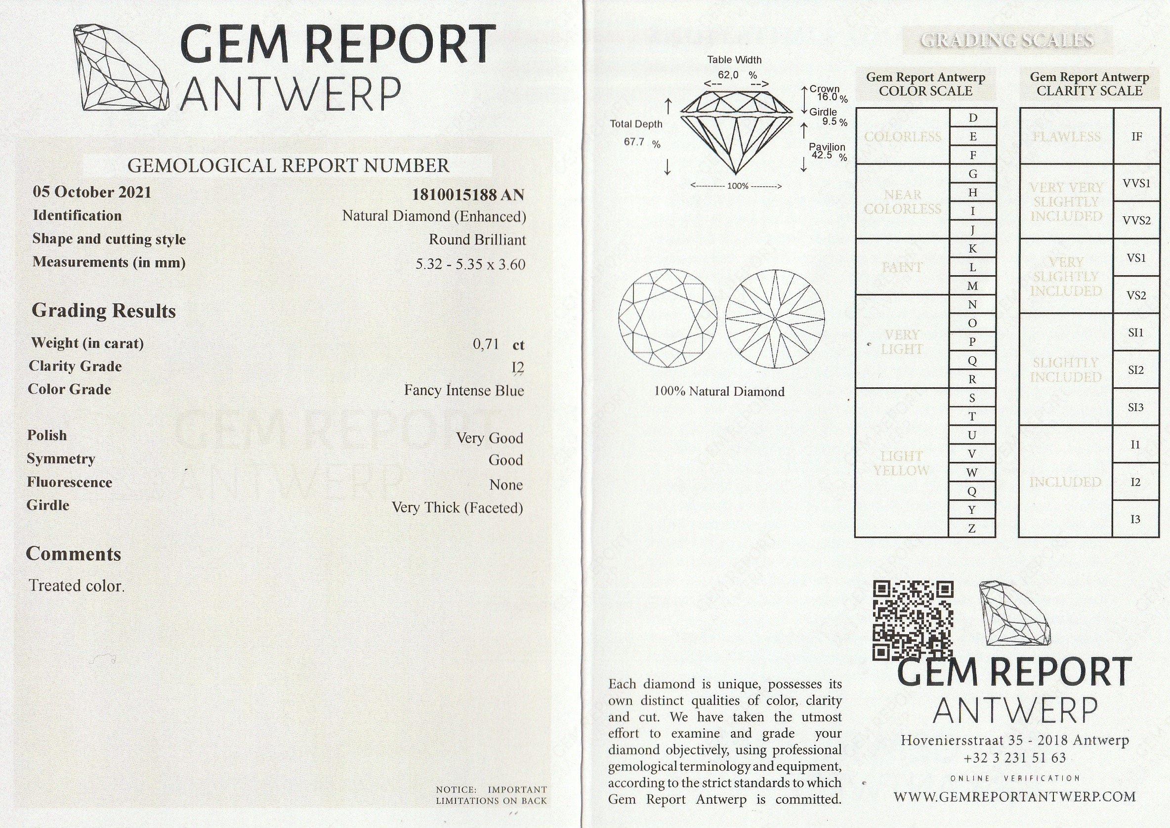 Detail b: Loser Diamant ca. 0.71 ct, fancy intense Blue/p2 (beh.), ca. 5.32 x 5.35 x 3.60 mm, mitGEM-Report 10/2021