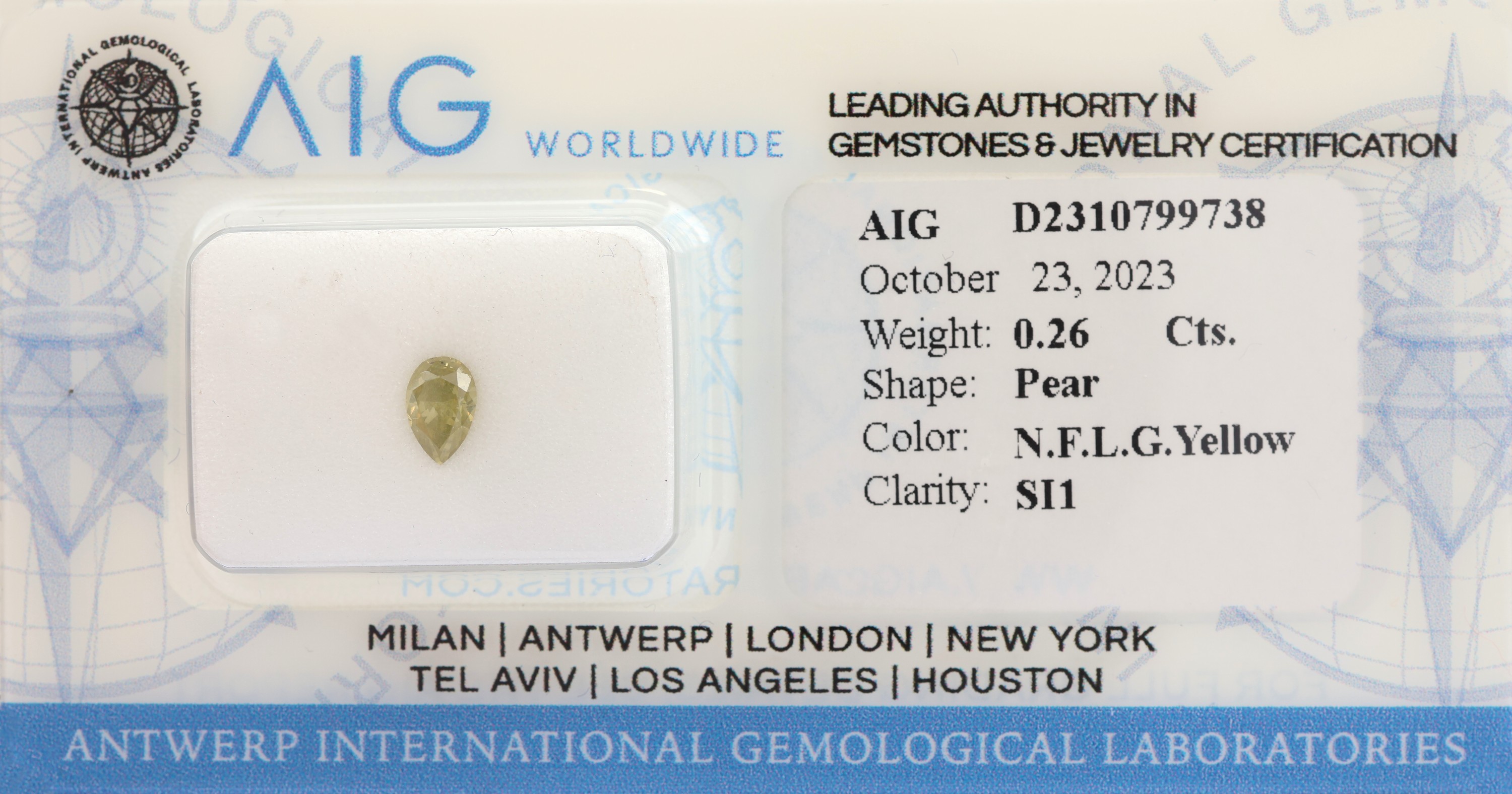 Loser Diamanttropfen ca. 0.26 ct, natural fancy light grayish Yellow/si1, ca. 5.10 x 3.33 x 2.19 mm, verschweisst, mit AIG-Expertise