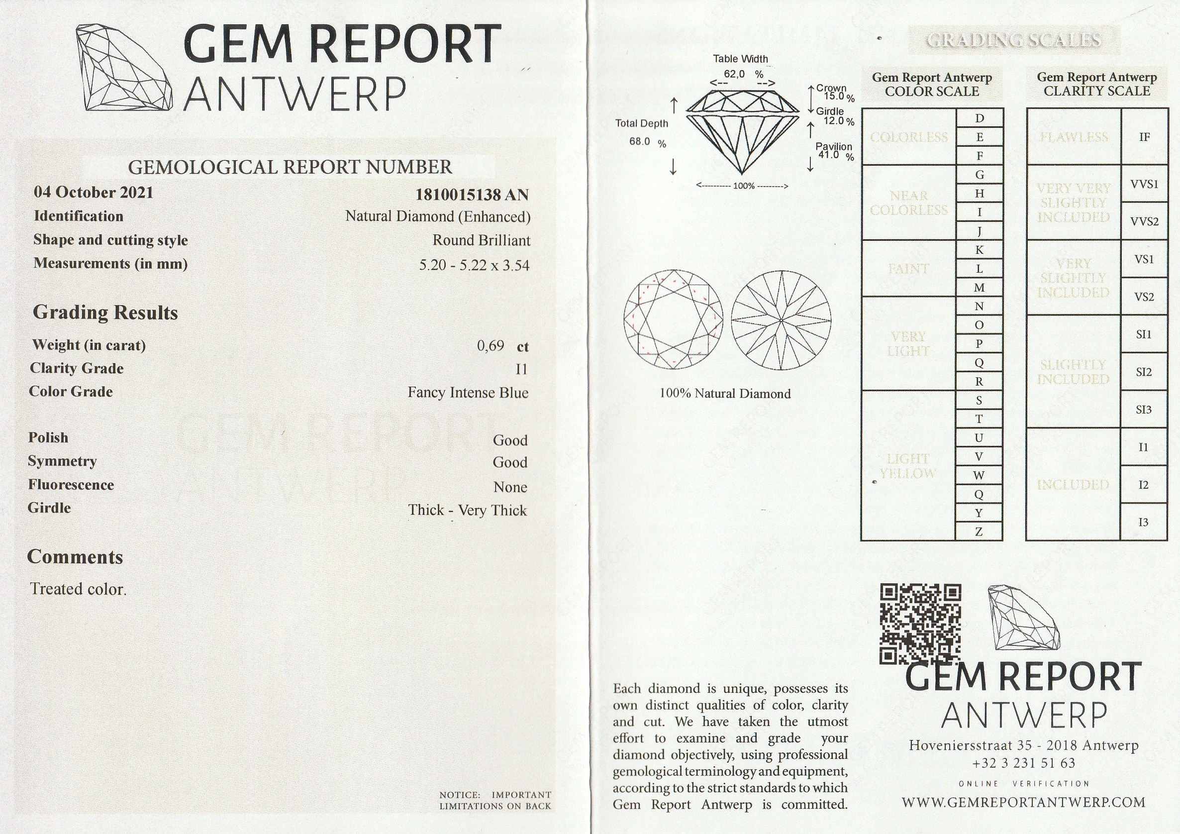 Detail b: Loser Diamant ca. 0.69 ct, fancy intense Blue/p1 (beh.), ca. 5.20 x 5.22 x 3.54 mm, mitGEM-Report 10/2021