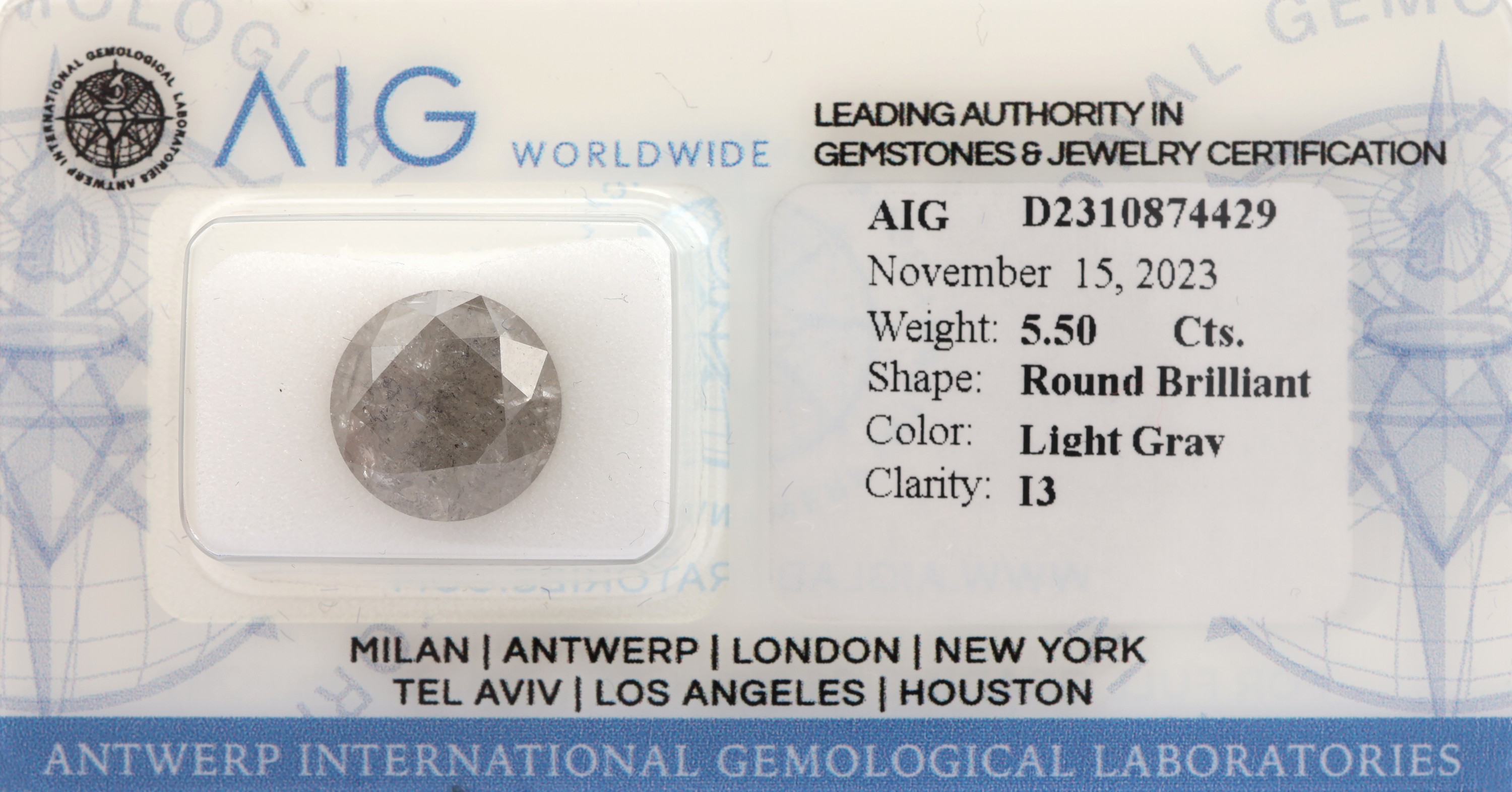 Loser Brillant ca. 5.50 ct, light Gray/p3, ca. 10.91 x 10.85 x 7.5 mm, verschweisst, mit AIG-Expertise 11/2023