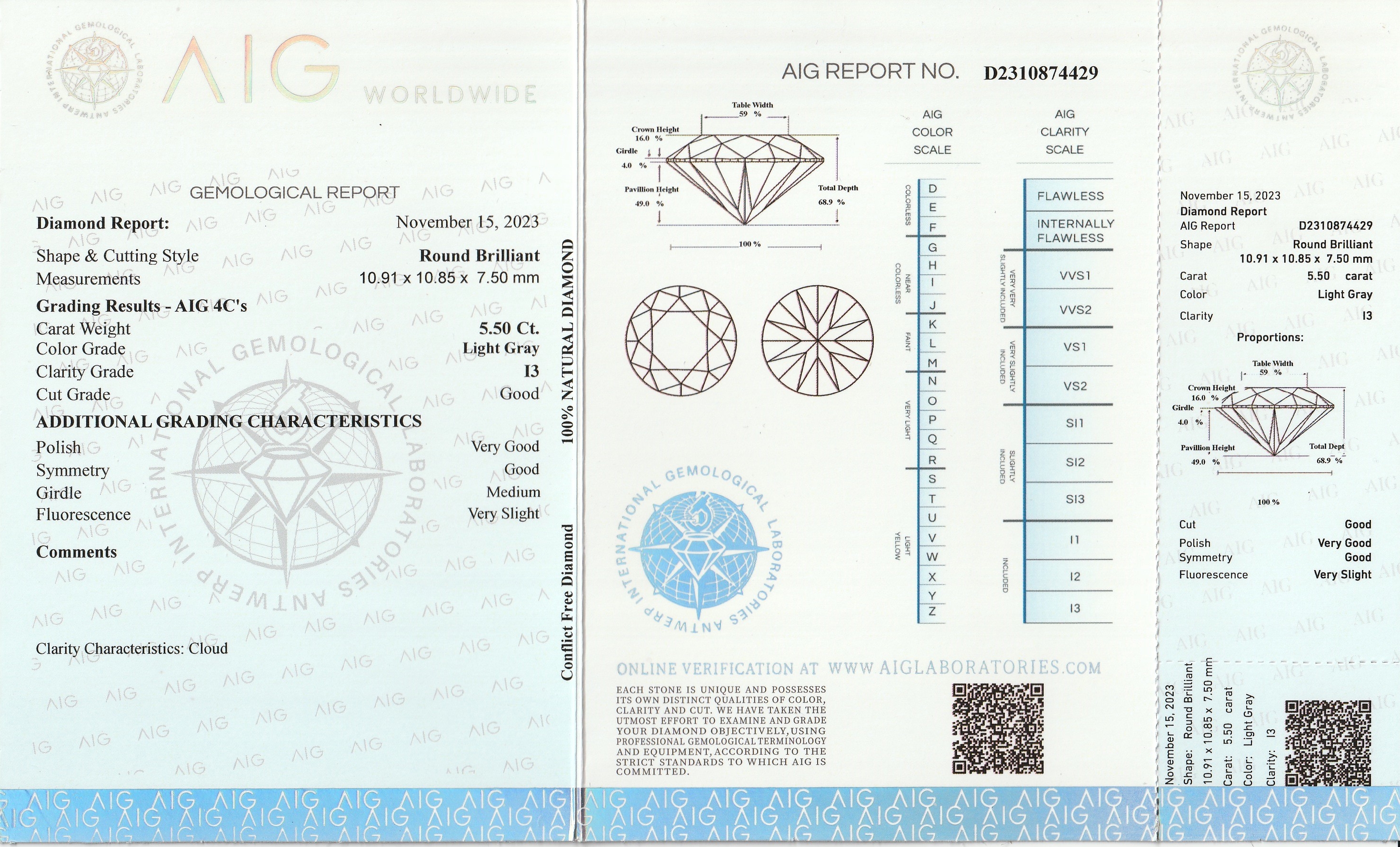 Detail a: Loser Brillant ca. 5.50 ct, light Gray/p3, ca. 10.91 x 10.85 x 7.5 mm, verschweisst, mit AIG-Expertise 11/2023