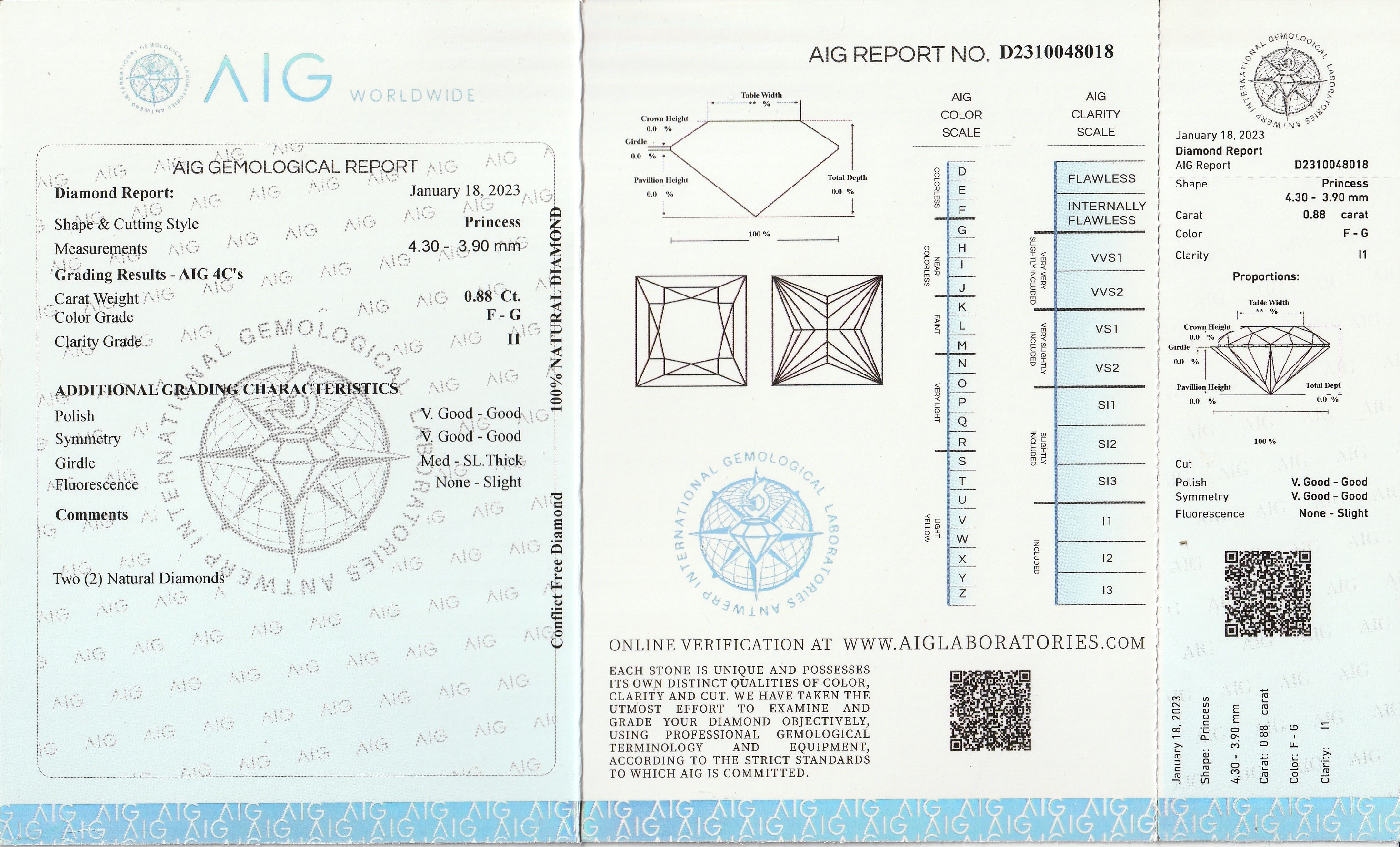 Detail a: Lot 2 lose Diamanten zus. ca. 0.88 ct, im Princess Cut, feines Weiss(F-G)/p1, verschweisstmit AIG-Expertise 01/2023