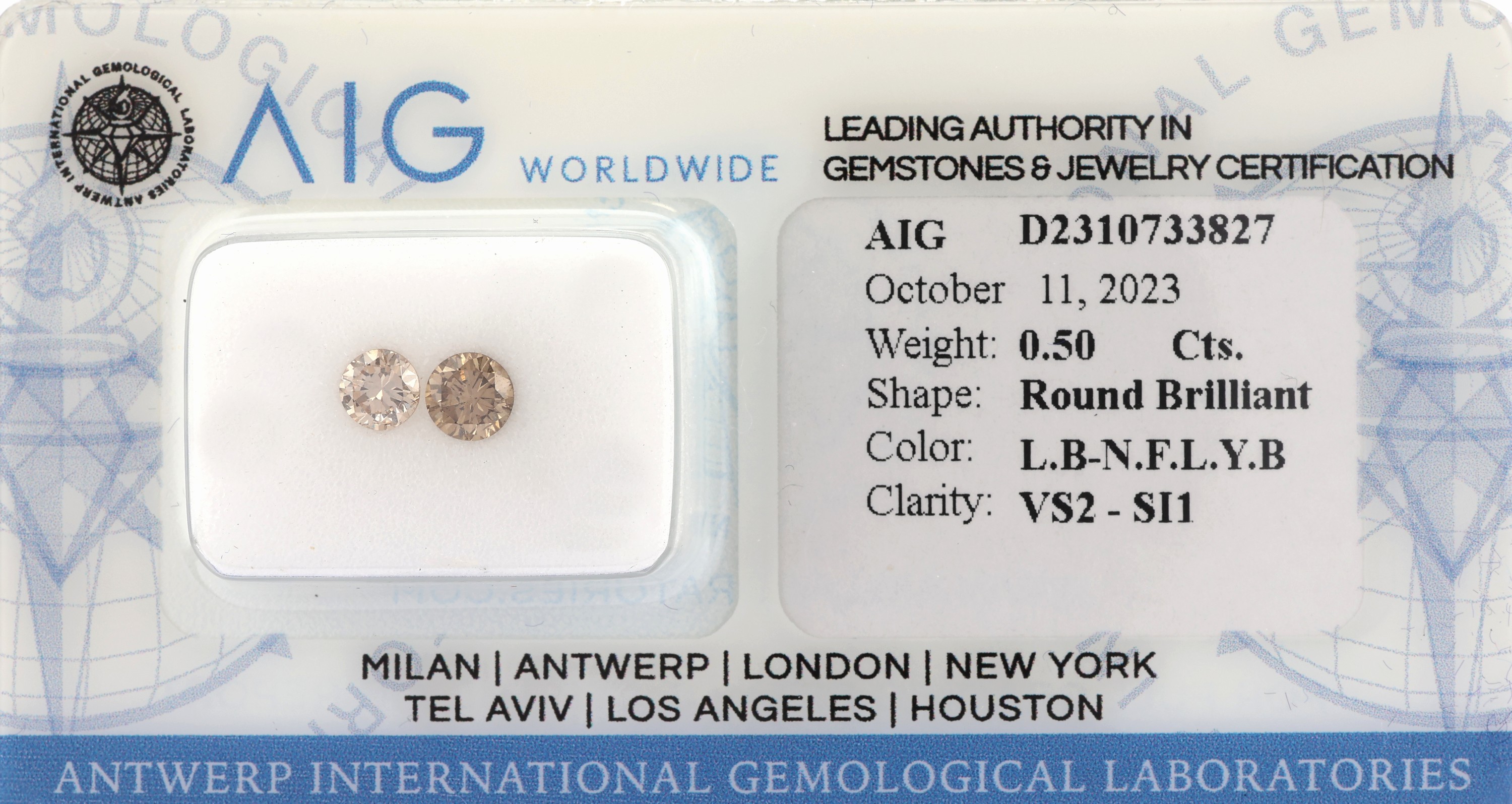 Lot 2 lose Brillanten zus. ca. 0.50 ct, light Brown-N.F light yellowish Brown/vs2-si1,verschweisst, mit AIG-Expertise 10/2023