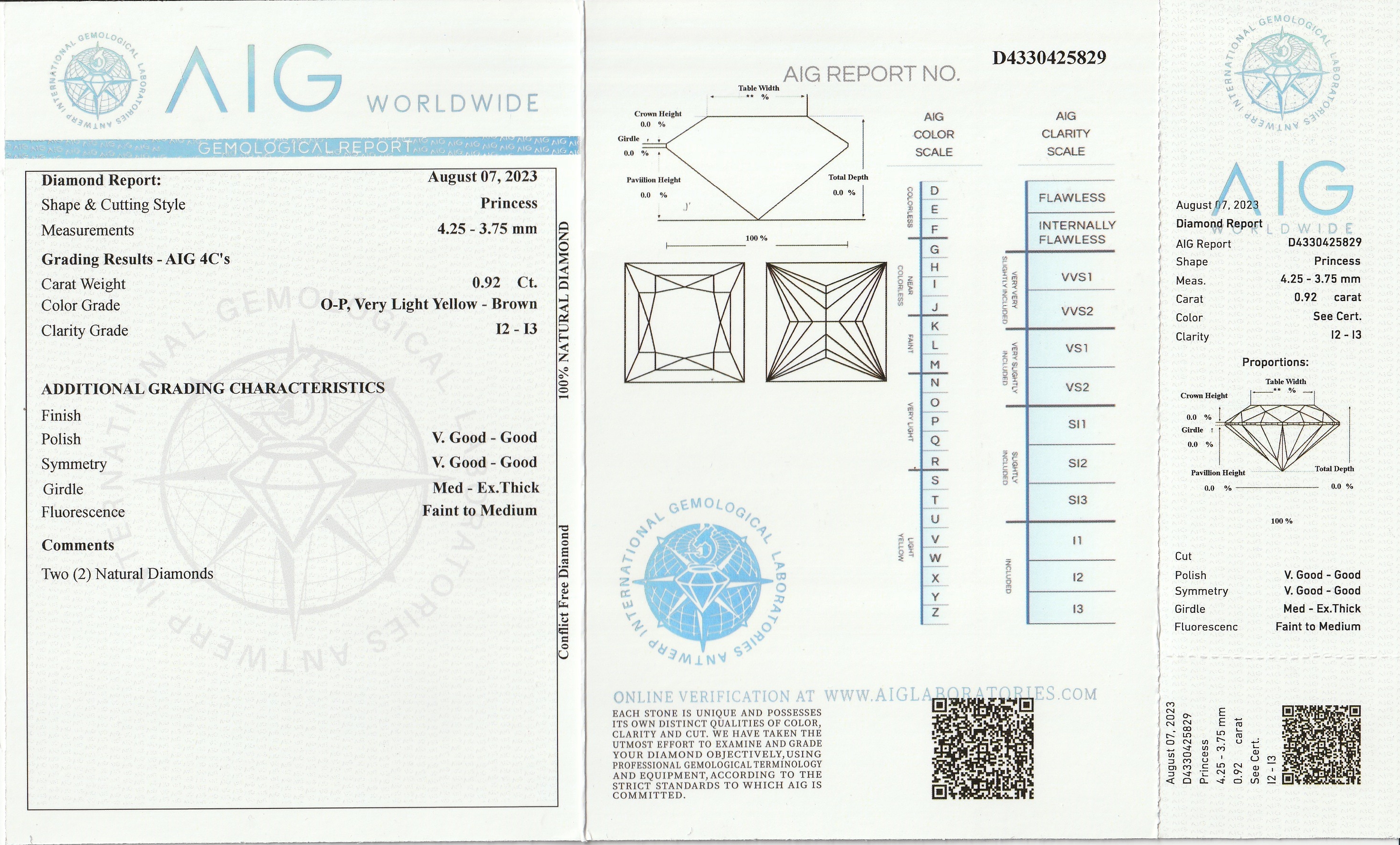 Detail a: Lot 2 lose Diamanten zus. ca. 0.92 ct, im Princess Cut, very light Yellow(O-P)-Brown/ p2-3, verschweisst, mit AIG-Expertise 08/2023