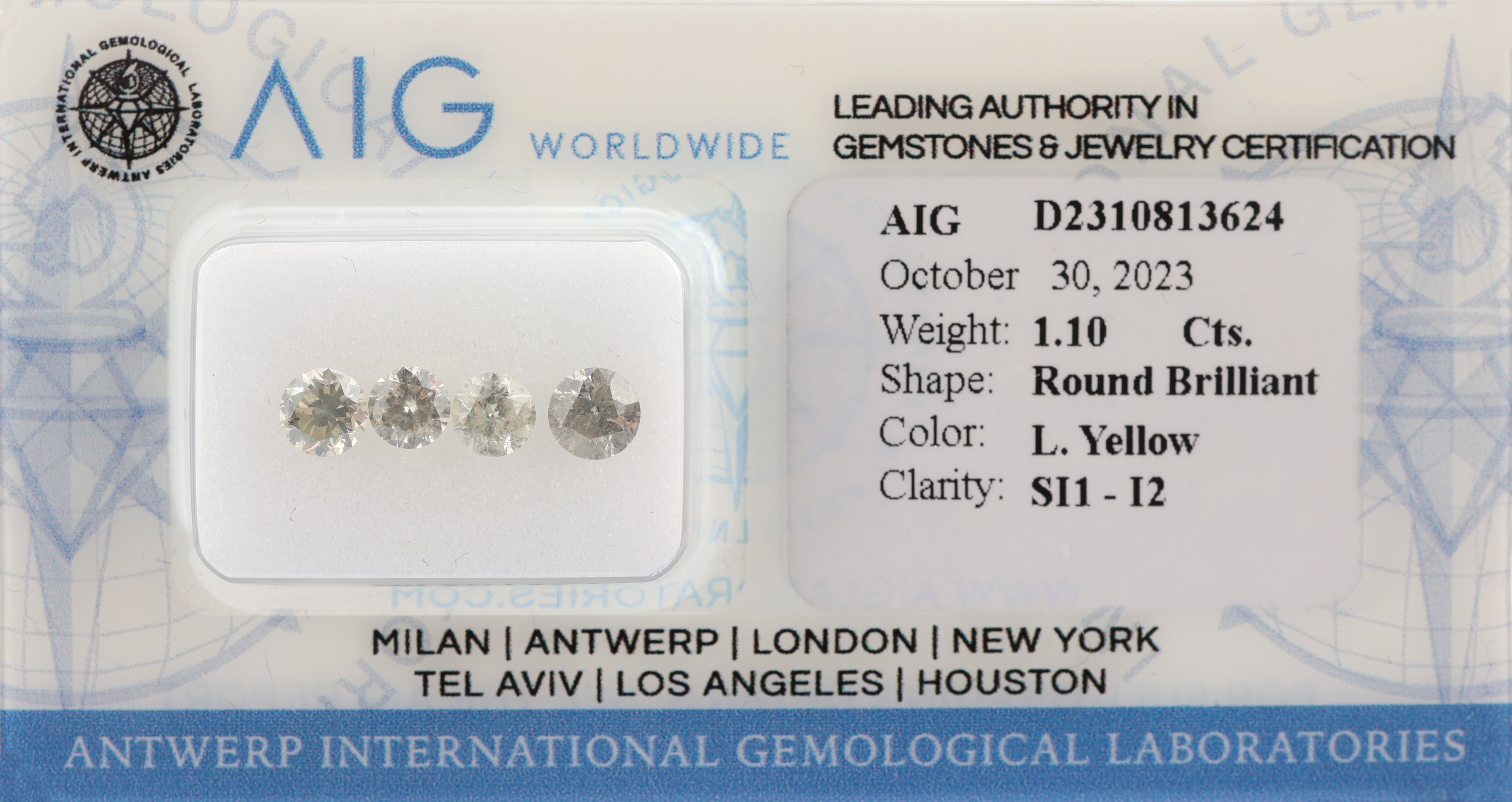Lot 4 lose Brillanten zus. ca. 1.10 ct, light Yellow/si1-p2, verschweißt, mit AIG- Expertise 10/2023