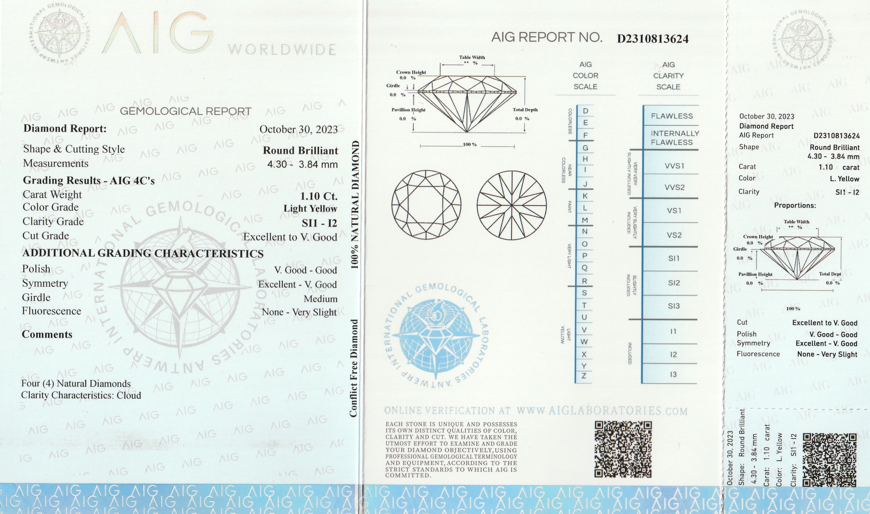 Detail a: Lot 4 lose Brillanten zus. ca. 1.10 ct, light Yellow/si1-p2, verschweißt, mit AIG- Expertise 10/2023