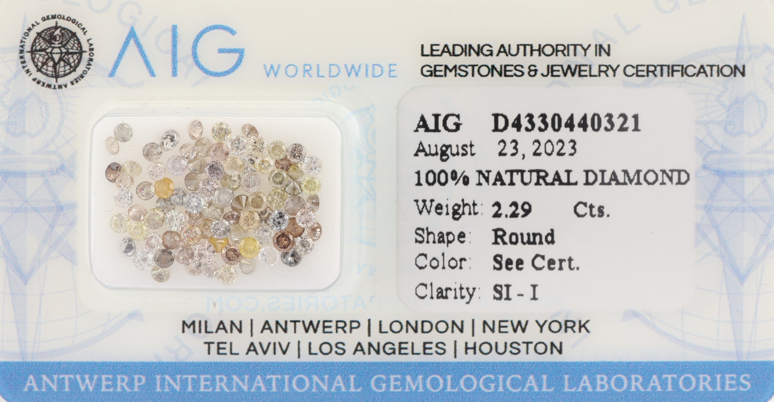 Lot lose Diamanten zus. ca. 2.29 ct, round mixed Cut, versch. farbig/si-p, verschweisst, mit AIG-Expertise