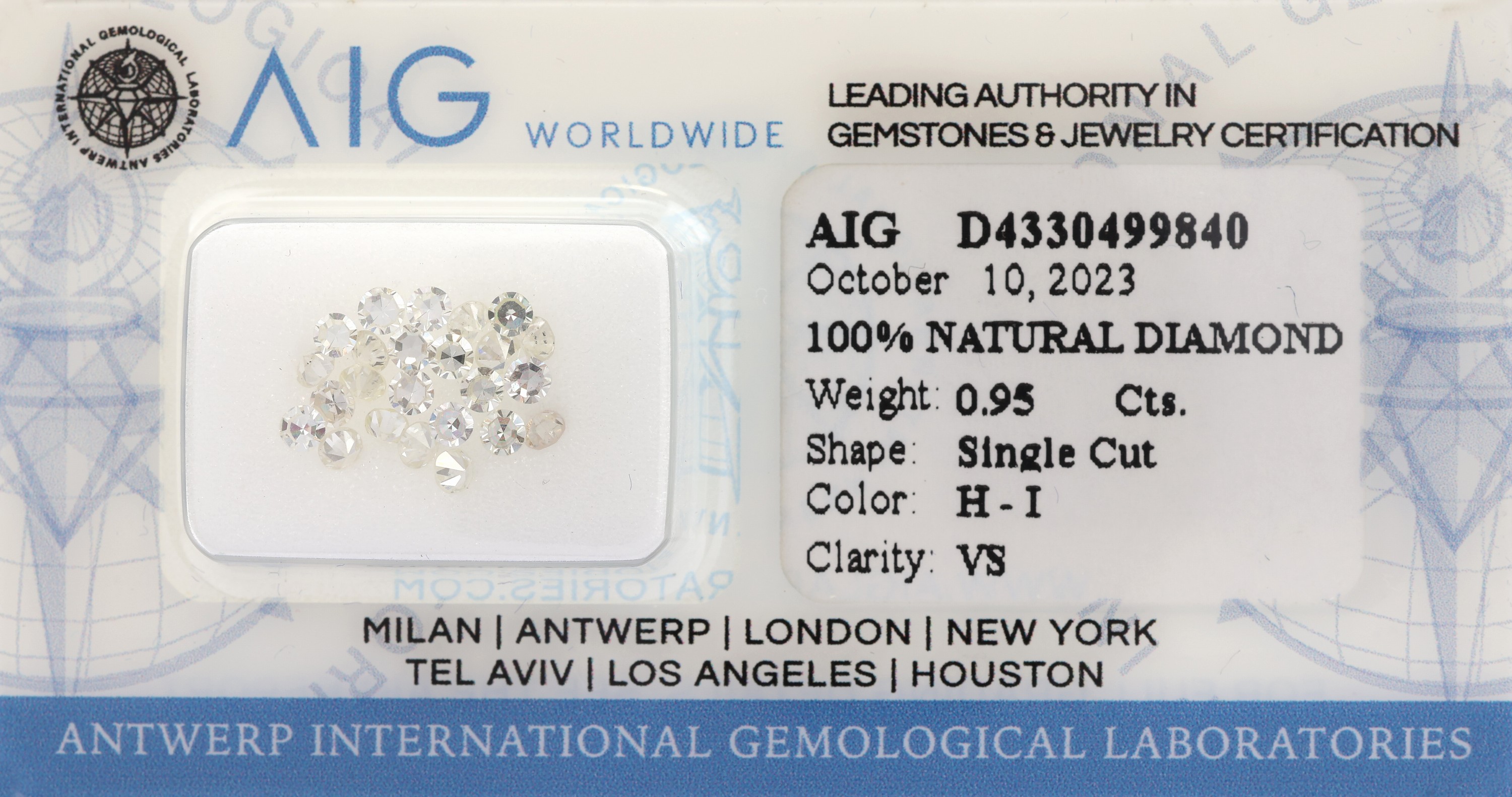 Lot lose Diamant zus. ca. 0.95 ct, single Cut, Weiss-l.get.Weiss/vs, verschweisst, mit AIG-Expertise