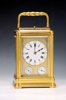 Image Travel alarm clock with Petite Sonnerie and date, France around 1900, brass housing with ...